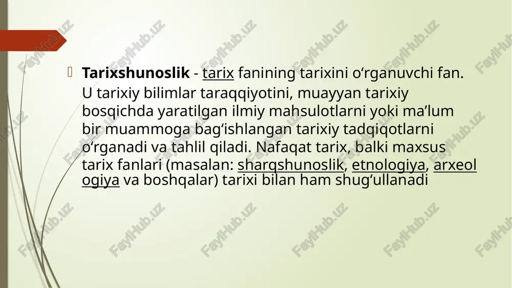 sbatan yangi fan hisoblanadi. oʻrta asrlarda yaratilgan baʼzi tarixiy asarlarda, jumladan, abu rayhon beruniyning „qadimgi xalqlardan qolgan yodgorliklar“ va „hindiston“, abu bakr narshaxiyning „tarixi buxoro“, sharafuddin ali yazdiyning „zafarnoma“, boburning „boburnoma“, muhammad yusufbek bayoniyning „tarixi xorazm“, „shajarai xorazmshohiy“, ahmad donishning „buxoro amirlarining tarjimai hollari“ va boshqalarda muayyan maʼlumotlarni umumlashtirishga, fakt va tarixiy jarayonlar bayonida tahliliy yondashuvga boʻlgan harakatlar kuzatiladi. oʻzbekistonda tarixshunoslik tarix fanining maxsus sohasi va alohida tadqiqot predmeti sifatida xx asrning ikkinchi yarmida shakllandi. oʻzbekiston fanlar akademiyasi tarix instituti tashkil topgach, bir qator tarixshunoslar, jumladan, v.ya. nepomnin, r.n.nabiyev, i.k. dodonov, l.m.landa, x.i.inoyatov, b.v.luninlar muayyan muammolarning tarixshunosligini tadqiq qilishga kirishdilar. 1968-yil tarix instituti qoshida „tarixshunoslik“ sektori, keyinroq boʻlim tashkil etilishi bu sohaning rivojiga katta hissa qoʻshdi (boʻlimni 1968—1988 yillarda tarix fanlari doktori b.v.lunin, 1988—1992 yillarda tarix fanlari nomzodi v.a.germanov boshqargan, 1992-yildan tarix fanlari doktori, professor d.a.alimova rahbarlik qilib kelmoqda oʻzbekistonda tarix fani va uning baʼzi sohalari rivoji dinamikasini yorituvchi asarlar …