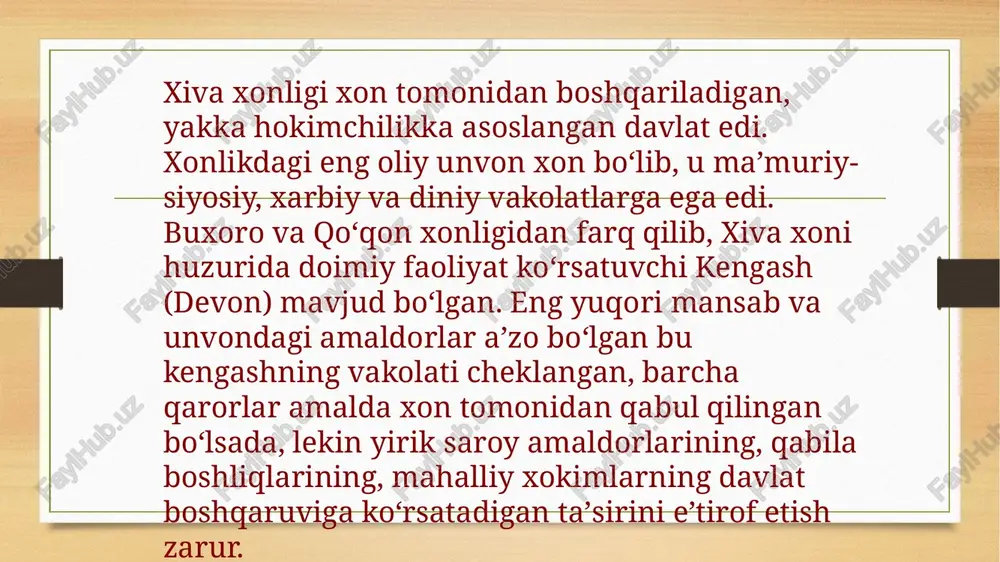 si, shigʻovul - vaziri ilmia, qozi, mudarris, aʼlam, shayx ul-mashoyixlar ishini nazorat qilgan, xudoychi - xonga beriladigan ariza va shikoyatlarga masʼul shaxs, tunkator - xon qarorgoxni tungi posbon, noib - sarbozlar boshligʻi, otaliq, dodxoh mextarboshi, sharbatdor, dasturxonchi, xazinachi, maxramboshi, eshikogʻasi, ponsadboshi, tuqsabo, devonbegi, mirza boshi, sarkar, miroxurboshi, yuzboshi, bakovulboshi, daxboshi. bu mansablardan tanqari yana bir kancha maʼmuriy, harbiy va diniy mansablar mavjud edi. manbalarning guvohlik berishicha, xon saroyida muhim ishlarni koʻrib chiqadigan kengash toʻzilgan boʻlib, unga mingboshi boshchilik qilgan. aʼzolari dasturxonchi, risolachi va yana baʼzi muhim amaldorlar boʻlgan. davlatni boshqarishda bu kengashning ham oʻrni katta edi. saroy amaldorlari ichida mingboshi (bosh vazir) va amiri lashkar (harbiy vazir), kushbegi - xon maslahatchisi yoki viloyat hokimi, parvonachi (xon maslahatchisi), - shigovul (vaziri ilmiya), xudoychi, tunkdtor, noib (sarbozlar boshligi) kabi yuqori lavozimlar faoliyat yuritgan. image1.png image2.png image7.jpeg image8.jpeg image9.jpeg image10.png image11.jpeg image12.jpeg image3.png image4.png xupa xonanragarn osmnii tapaxann yabonaap ba mancagaap [caray: xow …