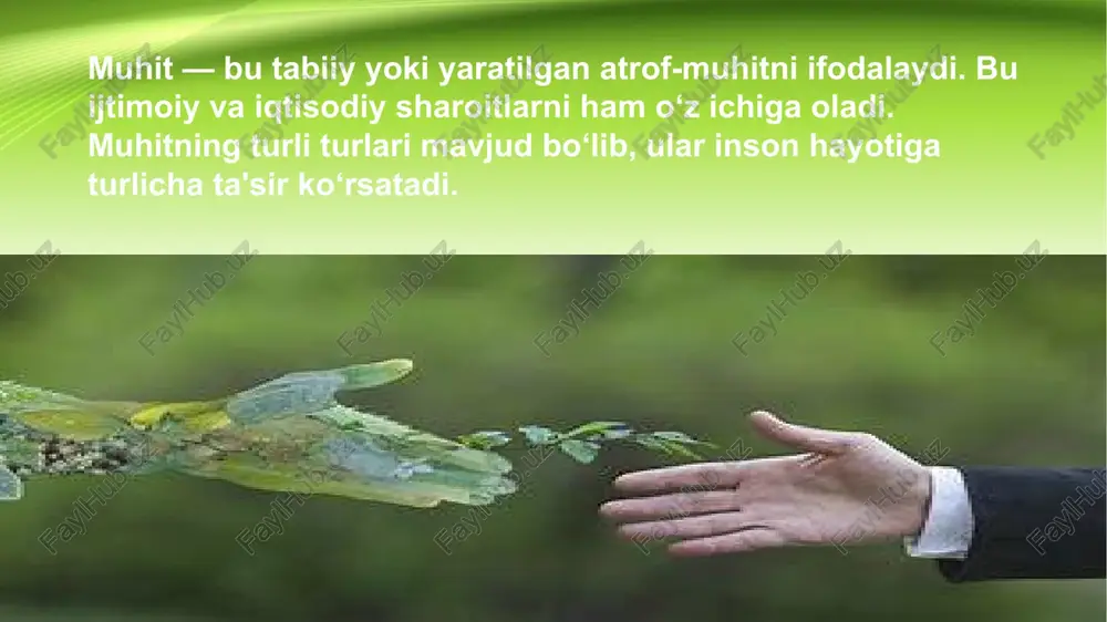 shi suv ifloslanishi shaharsozlik va qishloq xo'jaligi faoliyati tabiiy muhitni saqlash va ekologik omillarni boshqarish orqali biz atrof-muhitni saqlashimiz va kelajak avlodlar uchun sog'lom yashash sharoitlarini ta'minlashimiz mumkin. atmosfera ifloslanishining asosiy manbalari qanday? global isishning kelib chiqish sabablari va oqibatlari nimalardan iborat? o'simliklar va hayvonlar populatsiyasiga ekologik muhitning qanday ta'siri bor? o'rmonlar qirilishining atrof-muhitga qanday zararli ta'sirlari mavjud? havo sifati va inson salomatligi o'rtasidagi bog'liqlik qanday? iqlim o'zgarishi bilan kurashish uchun qaysi chora-tadbirlar amalga oshirilishi mumkin? image1.jpeg image3.jpeg image4.jpeg image5.jpeg image6.jpeg image7.jpeg image8.jpeg image9.jpeg image10.jpeg image11.jpeg image12.jpeg image13.jpeg image2.jpeg suv bo'lmasa, hayot ham bo* lmaydi suvni tejang - isrof qilmang, hayot manbayl eo ‘rpaich davies ‘magistire b si si oa ft | biologist 231m otis giang osinlmaring tg os biotic abiotic al sng thins 9 a qs all vev-tiving things axe 3.5, antropogensomillar /docprops/thumbnail.jpeg muhit va ekologik omiliar —ev— fan va texnologiyalar universiteti pedagogika kafedrasi dotsenti: n.tkamolova