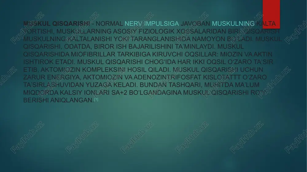 kaziy nerv sistemasidan doimo impul’slar uzoq qisqarib turadi. muskullar bu impul’slarga uzoq qisqarib muskulning shu tetonik qisqarish yoki tetanus deb ataladi. tetanus ikki xil bo‘ladi: tishchali va silliq tetanus. organizmdagi barcha muskullar ikki guruhga: ko‘ndalang-targ‘il va silliq muskullarga bo‘linadi. muskullarning asosiy vazifasi qisqarish bo‘lib, ularning yordamida organizmdagi barcha harakatlar vujudga keladi. ko‘ndalang-targ‘il muskullar (skelet muskullari) odam va hayvonlarning faol harakat qilishini ta’minlaydi. ichki organlaniing devorlari silliq muskullardan tuzilganligi sababli, barcha ichki organlaniing harakatlari ana shu muskullarning faoliyati bilan bog‘liq. masalan, oziqalarning hazm organlari bo‘ylab harakati, qon tomirlarining kengayib-torayishi odamda va umurtqali hayvonlarda silliq muskul to’qimasi asosan ichki organlarda bo’lib, ular harakatni ta'minlaydi. masalan, ichki organlarga ovqat hazm qilish va nafas olish sistemasi organlari, ajratish organlari hamda qon tomirlar va limfa tomirlarining harakatini ta'minlovchi muskullar kiradi. umurtqasiz hayvonlardan bo’imoyoqlilar hamda oyoqli mollyuskalardan tashqari, barcha jonivorlar muskulaturasini tashkil etadi. silliq muskullar, odatda, sekin ritmik qisqarib, charchash xususiyatiga ega emas. tuzilishiga ko’ra, ularning …