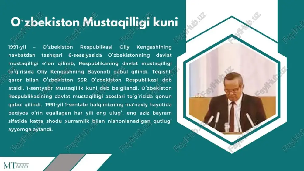 ganot! istiqlol mash‘alitinchlik posboni, xaqsevar, ona yurt, mangu bo'l obod! nagorat: oltin bu vodiylar - jon o'zbekiston, ajdodlar mardona ruhi senga yor! ulug'xalq qudrati jo'sh urgan zame olamni mahliyo aylagan diyor! — i ws mutal burxonov davlat o‘zbekiston respublikasining davlat gerbi o‘zbekiston respublikasi davlat suverenitetining ramzidir. 2015-yil “keksalarni e’zozlash iti” —_——$— “ 1991 yil 2h. 1999-yil a ; i 4 aa (sete = *4y*xa1q bilan mulogot va \ 2009-yil ©) "°f inson manfaatlari yili” 1993 yil 2001-yil “qishlog taraqqiyoti va a ey farovonligi yili” dorie yassaviy pion: va bola yili — sah - . 2011-yil 2019-yil ™“faol investitsiyalar va ijtimoly rivojlanish yili” ragamii ojlantirish yi 2003-yil “obod mahalla yili” 1995-yil vail “kichik biznes va i cf “abu all ibn sino yili” ay xususiy tadbirkorlik yili’ pe 2012-yil 1996-yil 2004-yil gg rmustahtam oila yili” i > “amir temur yili” qd -ent-muruwat yili” 2 é 2022-yil ae inson qadrini ulug‘lash 2014-yil va …