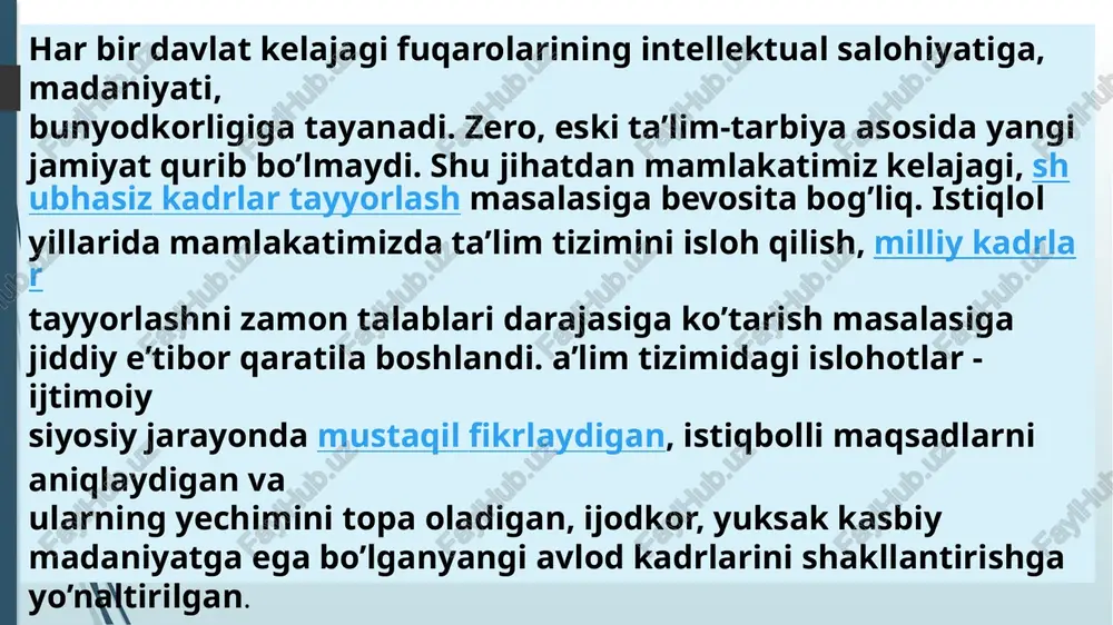 hora-tadbirlari dasturini amalga oshirish doirasida 25 ta oliy ta’lim muassasasining 202 ta ob’ektida yangi qurildi, kapital ta’mirlash va rekonstruksiya ishlari bajarildi. iqtisodiyotni real sektori talablaridan kelib chiqib, muhandislik ishlab chiqarish va qurilish yo‘nalishlari va ixtisosliklari bo‘yicha o‘qishga qabul qilish uning umumiy soniga nisbatan 23 foizdan 33.2 foizga oshdi. o‘zbekiston ta’lim maydoni ulkan hajmga ega bo‘lib, 10 mingga yaqin maktab, 1556 ta litsey va kollejlar, 100 dan ziyod oliy o‘quv yurtlarida yangi ta’lim tizim asosida bilim va tarbiya olib, zamonaviy kasb-hunarlarga ega bo‘lib, mamlakatimiz ta’lim modelining samarasini namoyon etmoqdalar. bejizga 2016-2020 yillarning may oyigacha oliy ta’lim tizimini yangi bosqichga olib chiqishga qaratilgan 62 dan ortiq me’yoriy huquqiy xujjatlar qabul qilinmaganligini teran anglamog‘imiz lozim. biz shu o‘rinda ularning ba’zilariga to‘xtalib o‘tsak, mavzuning mazmun moxiyatini tushunarli bo‘ladi. oliy ta’limning yangi sifat bochqichiga ko‘tarilishiga xizmat qiluvchi ushbu farmon va qarorlarning qabul qilishni yoshlarimizning jaxonning rivojlangan mamlakatlardagi ta’lim standartlariga to‘la mos keladigan bilimlarni egallashlariga, ularning …