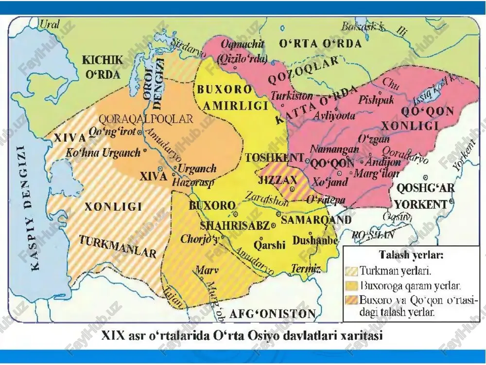 h olardi. qushbegi 1500 tanga, qo'rboshi 400 tanga, to'qsabo 300 tanga, qorovulbegi 200 tanga, qo'rchi 70 tanga va bahodurlar 20 botmon (1 botmon — 7,8 kg. — sh. v.) bug'doy bilan 50 tanga yillik maosh olardilar. harbiylarga xizmatlari evaziga xon tomonidan muayyan mulk (er, ariq yoki anhor) berilardi. bunday mulk «tanho» bo'lib, mulkdor «tanhodor» bo'lib qolardi. tanhodorlik huquqi muayyan muddatga berilib, bir umrga ham berilishi mumkin edi. «tanho» to'g'ridan-to'g'ri meros qolmasdi. tanhodorning o'g'li — vorisi otasining vaeifasiga o'tsagina bu mulk o'g'liga o'tardi tanobona solig'i harbiy kishiga xizmati evaziga berilardi. bu mulkning shakli «tarxon» bo'lib, egasi shu soliqlarni olardi. harbiylarda o'z shaxsiy mulklari bo'lsa, ular soliq to'lashdan ozod etilardi. muayyan mulkdan xiroj olish huquqi (muayyan muddat uchun ham) tarxon yoki vaqf shaklida harbiylar va ruhoniylarga ham berilgan. xudoyorxon davrida mulkni «urg'u» (musodara) qilish yo'li bilan ham xazina to'latib turilgan. biron ayb ro'y bersa, hatto kuchli harbiy sarkardalar, qabilalarning boy ashroflari va …