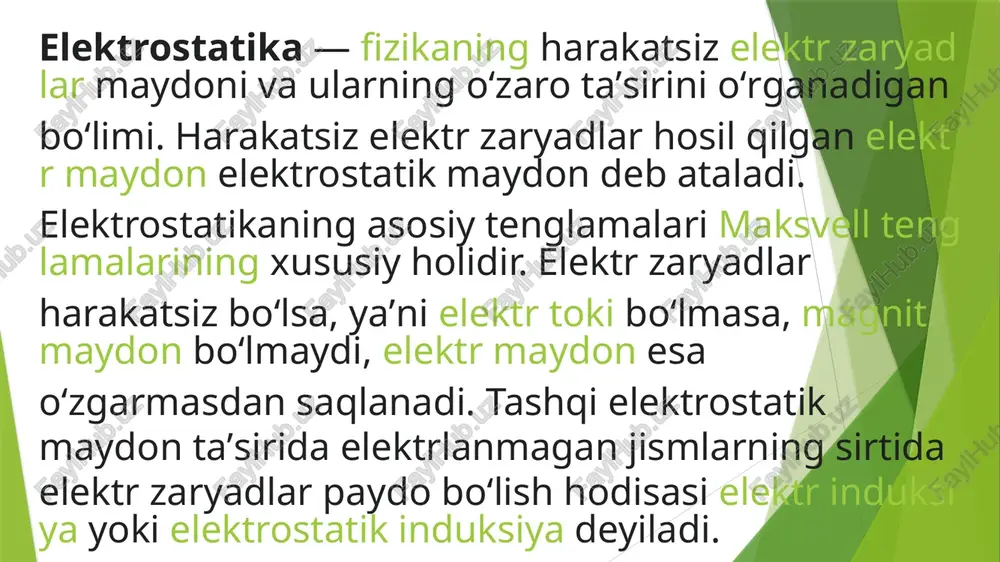 t yaqqol tasvirlabgina qolmay, balki ularning zichligi orqali ye ni baholash mumkin. kuch chiziqlari zich oʻtkazilgan joylarda kichik boʻladi. bir jinsli maydonning kuch chiziqlari oʻzaro parallel yotadi. hamma nuqtalarida potensial qiymati bir xil boʻlgan sirtlar ekvipotensial sirtlar deyiladi. bir jinsli elektr maydon uchun ekvipotensial sirtlar oʻzaro parallel tekisliklardagi, nuqtaviy zaryad maydoni uchun markazi zaryad ustida yotgan konsentrik aylanalardan iborat. image1.jpeg image2.jpeg tefen) tn, poten 5,6%.107? 2, 5 =5,67. 907° fe, ene weft ciletsa) ie) bine oe a -e'tiboringiz yctiun’-* : buste e be potne 2) a hes i: : a see ko faxmal ss: ot fak ee is rr | /docprops/thumbnail.jpeg tashqi maydonning! zaryadlar sisterasiga tasiri ziyodullayev furgat