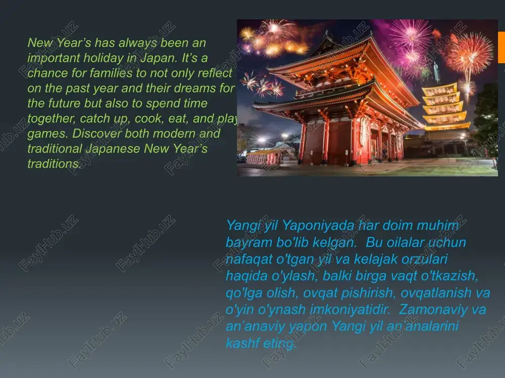 ik oldindan tayyorlangan versiyalarni sotib olishdan mamnun hatsumode during the first few days of the new year, many people head out for hatsumode, the first shrine visit of the year, to pray, make wishes, express gratitude, and stock up on lucky charms. buddhist temples and shinto shrines are lively on this day, with snack vendors and stalls giving the occasion a festive atmosphere. hatsumode yangi yilning birinchi kunlarida ko'p odamlar ibodat qilish, tilaklar qilish, minnatdorchilik bildirish va omadli tumorlarni yig'ish uchun yilning birinchi ziyoratgohi - hatsumodega boradilar. buddist ibodatxonalari va sinto ziyoratgohlari shu kuni jonli bo'lib, gazak sotuvchilari va do'konlari bayramga bayramona muhit bag'ishlaydi. thank you for your attention always smile 😉💯🔋 image4.jpeg image5.jpeg image6.jpeg image7.jpeg image8.jpeg image9.jpeg image10.jpeg image11.jpeg aap py new year