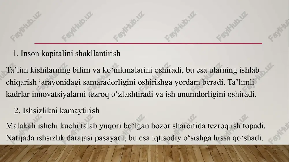 otlari shuni ko‘rsatadiki, ta’lim iqtisodiy o‘sishning asosiy omillaridan biridir. sifatli ta’lim tizimi inson kapitalini rivojlantiradi, bu esa texnologik taraqqiyot va innovatsiyalarni tezlashtiradi. shu sababli, hukumatlar va xalqaro tashkilotlar ta’limga sarmoya kiritish orqali uzoq muddatli iqtisodiy o‘sishga erishishga harakat qilishlari kerak. ta’lim iqtisodiy o‘sishning muhim omillaridan biridir. hukumatlar va tadbirkorlar ta’limga sarmoya kiritish orqali uzoq muddatli iqtisodiy rivojlanishga erishishlari mumkin. shu sababli, sifatli ta’lim siyosati har bir mamlakat uchun ustuvor yo‘nalishlardan biri bo‘lishi lozim. image1.jpg /docprops/thumbnail.jpeg ta’lim va iqtisodiy o'sish