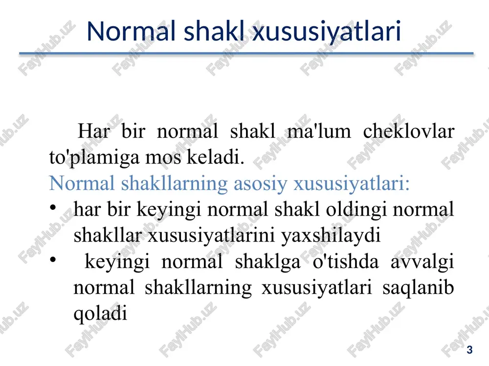 an funksional bog’liqlik deb y atributning tarkibli x diterminantning biror-bir qismiga bog’liq bo’lishiga aytiladi. misol: zachot_nomer, fish, guruh, fan, sana, baho ushbu atributlarga ega jadvalda zachot_nomer, fan, sana baho tranzitiv funksional bog’liqlik deb shunday funksional bog’liqlikka aytiladiki, unda x, y, va z atributlar orasida xy hamda yz ko’rinishdagi bog’liqliklar mavjud va bularga teskari yo’nalishdagi bog’liqliklar esa mavjud bo’lmaydi. tranzitiv funksional bog’liqlik to’la funksional bog’liqliklarning birlashmasi hisoblanadi. 10 ikkinchi normal shakl (2nf) 11 birinchi normal shakl ikkinchi normal shakilda bo’lishi uchun unda qisman funksional bog’liqlikka ega atributlar bo’lmasligi zarur, ya’ni birlamchi bo’lmagan har bir atribut tarkibiy kalitga qisman emas, balki to’laligicha bog’liq bo’lishi zarur. 11 ikkinchi normal shakl (2nf) agar biron bir atribut qushma asosiy kalitning bir qismiga bog'liq bo'lsa, unda quyidagilar zarur: atributlari quyidagicha bo'lgan yangi munosabatlarni yarating: qushma kalitning bir qismi (yangi munosabatlarning asosiy kaliti) yangi kalitga bog'liq bo'lgan atribut yangi munosabatlarga kiritilgan atributni dastlabki munosabatlardan chiqarib tashlang 12 …