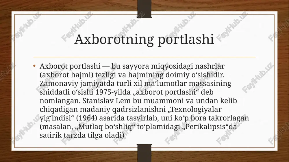 mashinuvini ham oʻz ichiga oladi. 20-asr oʻrtalaridan toʻqimadan toʻqimaga, orga-nizmdan organizmga irsiy va b. alomatlar oʻtishi ham i. uzatish deb karala boshladi. genetik i., biologik kibernetika tushunchalari shu tariqa vujudga keldi. i. ning miqdor oʻlchovi taklif qilindi, natijada informatsiya nazariyasi paydo boʻldi. i. tushunchasiga atroflicha yondashish va aniq miqsor oʻlchovi paydo boʻlishi i. ni oʻrganishga katta qiziqish uygʻotdi. 50-y. lardan boshlab, turli hodisa va jarayonlarni tavsiflashda i. tushunchasidan foydalanishga harakat qilinmoqda. jumladan, i. ning asosiy xos-salarini ifodalaydigan matematik apparatni ishlab chiqish, mavjud matematik vositalar asosida i. ning turli xossalarini oʻrganish, uning metodlaridan lingvistika, biol., psixologiya, sotsiologiya, ped. va b. sohalarda foydalanish ustida tadkiqotlar olib borilmoqda. ijtimoiy-siyosiy i. — ichki va xalqaro hayotdagi dolzarb yangiliklar, jamiyat hayotidagi ommaga taalluqli faktlar, hodisalar, siyosiy, iqti-sodiy, ilmiy, madaniy jarayonlar va b. haqida ommaviy kommunikatsiyalar vo-sitasida tarqatiladigan xabarlar maj-mui. jurnalistikada operativ i. publitsistika janrlari — xronika, xabar, reportaj, hisobot, intervyu, obzor orqali tarqatiladi. demokratik jamiyatda …