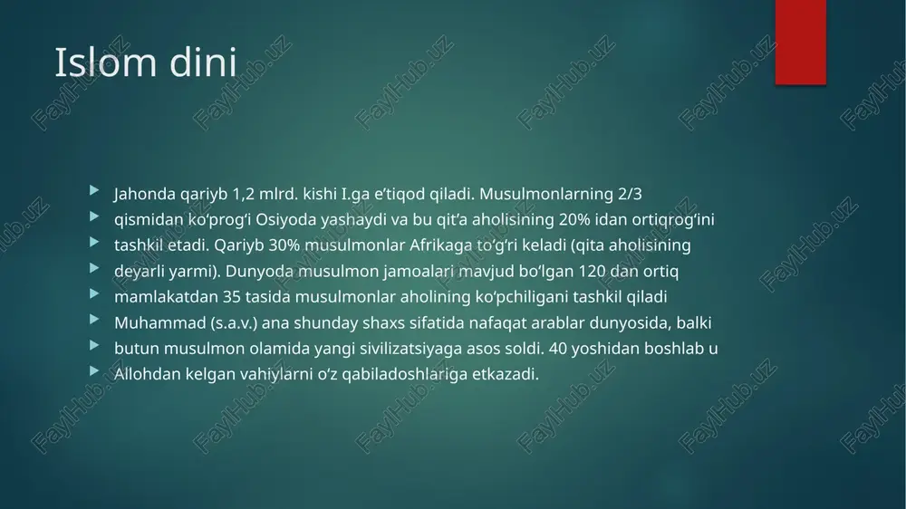 uh musulmonlar habashistonga hijrat qilishdi, yasribdagi banu avs va banu hazraj qabilalarining vakillari 622-yilda musulmon jamoasini oʻziga qabul qilish, muhammadni paygʻambar va allohni yagona deb tan olishdi. makka aholisi yoppasiga islom dinini qabul qildi va muhammadni allohning elchisi deb eʼtirof etdi. ana shundan boshlab makka islom dini markaziga, kaʼba musulmonlarning muqaddas ziyoratgohiga aylangan. muhammad vafot etgan 632-yilda arabiston yarimoroli toʻla birlashtirilgan, uning aksariyat aholisi islom dinini qabul qilgan edi. arabistonning siyosiy, iqtisodiy, etnik va madaniy jihatlardan birlashishida islom dini muhim omil boʻlib xizmat qildi. hijrat nomini olgan bu voqea islom tarixida burilish yasadi. koʻchib oʻtgan kishilar muhojirlar (koʻchib kelganlar), madinada islomni qabul qilganlar ansorlar (tarafdorlar) deb ataldilar. madina va makka oʻrtasida boshlangan kurash 8 yil davom etdi (qarang badr jangi, uhud jangi, xandaq jangi va boshqa). 628-yilda makka zodagonlari muhammad bilan kelishishga majbur boʻldilar (qarang xudaybiya sulhi). 630-yilda musulmonlar qoʻshini hech qanday qarshiliksiz makkaga kirib bordi. muhammad vafotidan soʻng, abu …