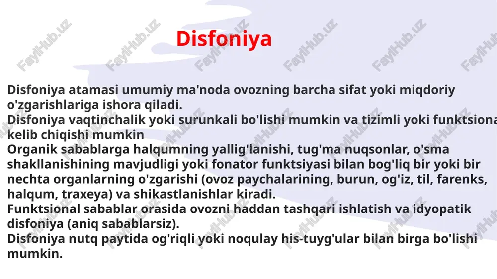 va qoʻl harakati bilan tushuntirishga intilishadi. d. yosh ulgʻaygan sari kamayib boradi, baʼzan d. umrbod saqlanib qoladi duduqlanish dislaliya termini grekcha so'zdan olingan bo'iib, (dis — buzilish, lalia - nutq) degan ma'noni anglatadi. dislaliya nutq buzilishlari orasida eng ko‘p tarqalgan kamchilikdir. hozirgi davrda "dislaliya" termini xalqaro xarakterga ega bo‘ldi (uning mazmuni hamda u aniqlagan buzilish turlari doimo mos kelmasa ham). bu kelishmovchilik buzilishlarni aniqlashda tadqiqotchilarning qanday ta'riflashni asos qilib olishiga bog'liq: anatomo-fiziologik, psixologik yoki lingvistik. klinik mezonlarni odat bo'yicha ta'rifiashda dislaliya turlarini turli talaffuz buzilishlari ko'pincha qator qo'yilgan deb ko'riladi. psixologik va lingvistik mezonlar asosiga qo'yilgan dislaliya tushunchasiga, goh uning turli forma va turlari, goh fonetik va fonetiko-fonematik talaffuz buzilishlari kiritiladi (masalan, r.ye levina ishlarida). noto'g'ri talaffuz nutq kamchiligi haqidagi birinchi ma'lumotlar qadimgi grekolimlari plutarx, gippokrat, kladiya, galen vaboshqalaming ishlarida bayon qilindi. yuqoridagi m ualliflar noto‘g‘ri talaffuzni davolashni talab qiluvchi kasallik deb qaraydilar. ularning fikricha, tovushlami noto‘g‘ri talaffuz qilish til, …