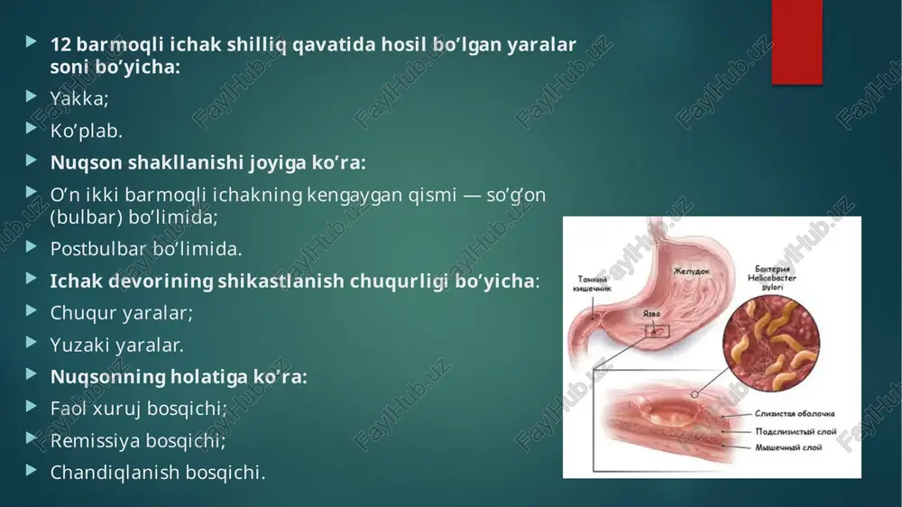 umiy qon va siydik tahlillari; najasni tahlil qilish; biokimyoviy qon tahlili; oshqozon shirasi tahlillari — nordonlik darajasini aniqlash uchun. instrumental tadqiqotlar: fegds o’tkaziladi — bu tekshiruv shifokorga oshqozon va o’n ikki barmoqli icha shilliq qavatining holatini baholashga, gistologik jihatdan o’rganish uchun u yerdan namuna olishga imkon beradi. qorin bo’shlig’ining ultratovush tekshiruvi. o’n ikki barmoqli ichak yarasini davolash mazkur kasallikni davolash uzoq davom etadi, bemor butun hayoti davomida parhezga amal qilishi kerak bo’ladi. garchi hammasi o’ta ayanchli emas — shifokorlar parhez to’lqinsimon bo’lishi mumkinligidan ogohlantiradilar: kasallikning xuruji davrida oziq-ovqat maksimal darajada chegaralangan va eng avaylovchi bo’ladi, uzoq muddatli remissiya davrida esa istalgan, hatto zararli oziq-ovqatlarni iste’mol qilishga ham ruxsat beriladi. ichak yarasi bo’lganda parhez qoidalari o’n ikki barmoqli ichak yarasi bo’lganda, bemor qaysi mahsulotlar oshqozonda xlorid kislota konsentratsiyasini ko’paytirishini bilishi kerak: gazlangan va alkogolli ichimliklar; achchiq va booshqa ziravorlar va har qanday, hatto juda mazali, souslar; qovurilgan ovqatlar (hatto sabzavot va …