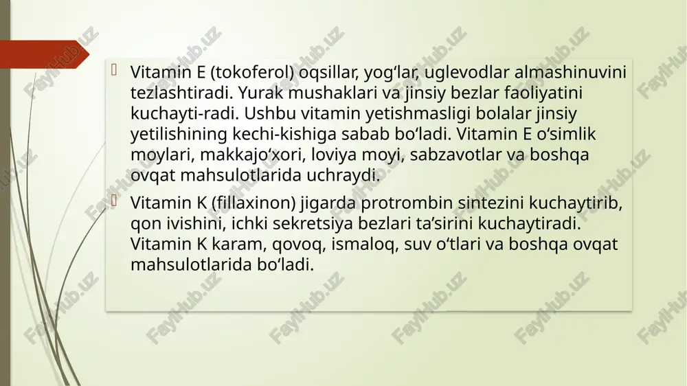 itaminlarni dozasini ko’paytirib qabul qilganda kuzatiladi. avitaminoz yoki gipovitaminoz − umuman olganda juda keng tarqalgan muammo bo‘lib, ayniqsa, kuz faslida vitamin yetishmasligi har qachongidan ham ko‘ra ko‘proq dolzarb bo‘lib qoladi. vitamin yetishmasligi atrof-muhit omillari ta’siri, organizm uchun zarur bo‘lgan vitaminlar kamligi, noto‘g‘ri ovqatlanish natijasida yuzaga keladi. shuningdek, vitamin yetishmovchiligi quruq teridan tortib, tomir tortishigacha bo‘lgan turli xil alomatlar orqali namoyon bo‘ladi. quyida vitamin yetishmasligining 6 ta belgisi haqida batafsil ma’lumot bilan tanishing. teri bilan bog‘liq muammolar birinchidan, vitamin yetishmasligi terining holatiga ta’sir qiladi. namlantirish vositasidan qancha ko‘p foydalanilgan taqdirda ham teri quruq va mayda toshmalardan iboratligicha turaveradi. bundan tashqari, avvallari bunday holat kuzatilmagan bo‘lsa-da, yuzda husnbuzar va qizarishlar paydo bo‘ladi. ko‘pincha, bunday o‘zgarishlar c va e vitaminlari yetishmasligini ko‘rsatadi. chunki ushbu vitaminlar tufayli teri namlanadi, oziqlanadi va kollagen ishlab chiqaradi. shish shish juda ko‘p holatlar sababidan bo‘lishi mumkin. masalan, yetarli miqdorda suyuqlik ichmaslik, ortiqcha tuz, spirtli ichimliklar va shakar iste’mol …
