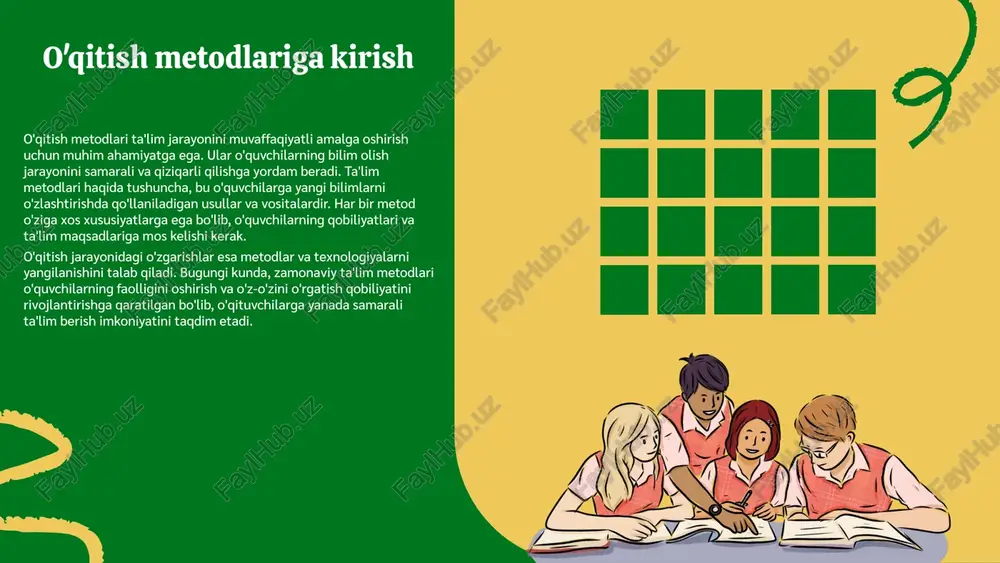 vchilarning bilim olish jarayonini sezilarli darajada yaxshilaydi va ularning muvaffaqiyatiga ijobiy ta'sir ko'rsatadi. o'qitish metodlarining turlari o'qitish metodlarining tasnifi o'qitish jarayonida muhim ahamiyatga ega. quyidagi mezonlar asosida tasniflash amalga oshiriladi: - **maqsadga qarab**: bu mezon o'qitish jarayonining maqsadlariga qarab metodlarni guruhlaydi. masalan, bilim berish, ko'nikmalarni rivojlantirish, va shaxsiy o'sishni ta'minlash uchun turli metodlar qo'llaniladi. - **o'qitish jarayonining tuzilishi**: metodlar o'qitish jarayonining qanday strukturasiga mos ravishda tasniflanadi. bular, masalan, an'anaviy, interaktiv yoki masofaviy o'qitish metodlari bo'lishi mumkin. - **o'quvchilarning faolligi**: bu mezon o'quvchilarning dars jarayonida ishtirok etish darajasiga qarab metodlarni ajratadi. o'quvchilar faol ishtirok etadigan metodlar, masalan, muhokama va guruh ishlari, passiv ishtirok etadigan metodlar esa ma'ruza yoki taqdimotlar bilan bog'liq. har bir metodning o'ziga xos xususiyatlari mavjud bo'lib, ular o'qitish jarayonida samaradorlikni oshirishda muhim rol o'ynaydi. an'anaviy va zamonaviy metodlar **an'anaviy metodlar:** - dars o'qitishning asosiy usullari: ma'ruza, suhbat, amaliy mashg'ulotlar. - afzalliklari: asosiy bilimlar berishda samarali, o'qituvchi tomonidan nazorat …