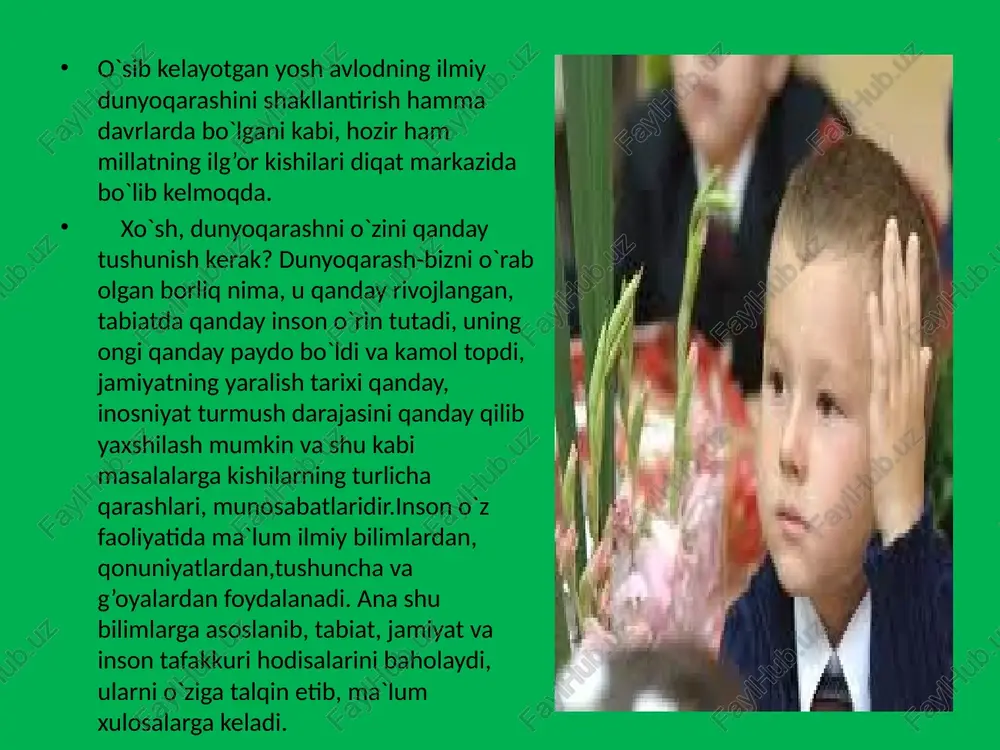 hilari bo`lishlik, tahlil yo`li bilan umumlashtira bilishni talab qiladi. . aql va bilim tajriba orqali qo`lga kiradi. demak, bilimli odam aqlli, mulohazali ham bo`ladi. biroq, ilmiy dunyoqarashni shakllantirishda gen (zot) ning ham juda ahamiyati katta. oldingi yevropalashtirilgan ta`lim va tarbiya uslubimizda qilingan xatolardan eng buyugi, bizningcha, zotga e`tibor bermaslik bo`lib, biz ta`lim oluvchining qobiliyatiga, uning zotiga e`tibor berib o`tirmay, agar yetarli bilimni bersak kutilgan shaxs shakllanaveradi, deb o`ylashimiz kerak edi o`zbekiston prezidenti i. karimovning bozor iqtisodiga o`tishda o`zbekistonning o`z taraqiyot yo`li borligi haqidagi 5 tamoyilini bilish ilmiy dunyoqarashni muhim elementidir.bular: 1) iqtisodning siyosatdan ustun bo`lishligi; 2) iqtisodni boshqarishda davlat asosiy isloxotchi bo`lishi; 3) qonunga hammaning itoat qilishligi; 4) kuchli ijtimoiy siyosat yurgizib, aholini kam ta`minlangan qismini ijtimoiy muhofaza qilish; 5) bozor iqtisodiga o`tishda shoshma-shosharlikka yo`l qo`ymay bosqichma-bosqich o`tish kabilardir. ilmiy dunyoqarashni amalga oshirishda kishi narsa va buyumlarning, voqea va hodisalarning ko`rinib turgan ifodasiga, shakliga qarab emas, balki ularning ichki mohiyatiga, …