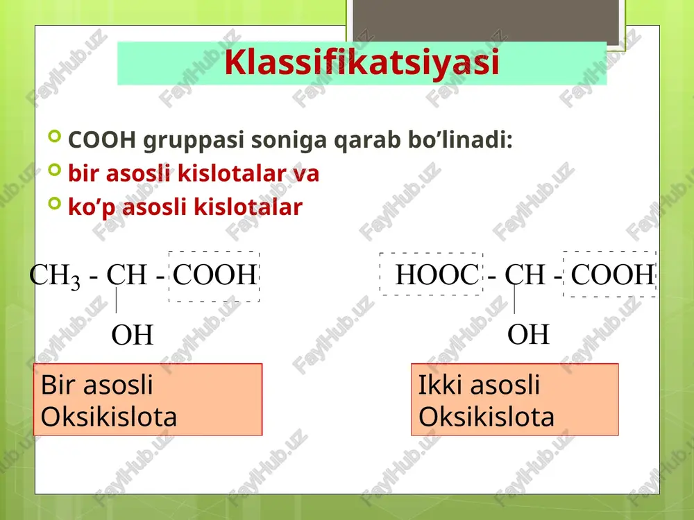 sbatan qanday joylanganligiga (ya`ni a,v,u) bogliq. masalan: oksipropion kislotaning ikki xil izomeri mavjud: ch 2 - ch 2 - cooh -  oksi moy kislota ʜ oh ch 3 - ch - cooh  - oksi moy kislota. ʜ oh oksimoy kislotalarning uchta izomeri mavjud.(  ,  va  oksimoi kislota) h h   ch 3  ch 2  ch - cooh ch 3 –ch – ch 2 cooh   oh oh ch 2 oh – ch 2 – ch 2 cooh o ch 3 -ch-cooh+c 2 h 5 oh ch 2 -ch 2 -c-o-c 2 h 5 +h 2 o oh oh sut kislotaning etil efiri o ch 3 -ch-cooh ch 3 -ch--c oh o o +oh hooc-ch-ch 3 c -hc-ch 3 o laktid hoch 2 —ch 2 —cooh ch 2 =ch--cooh akril kislota 3.  - oksikarbon kislotalar osonlik bilan qizdirilsa xam sekin asta …