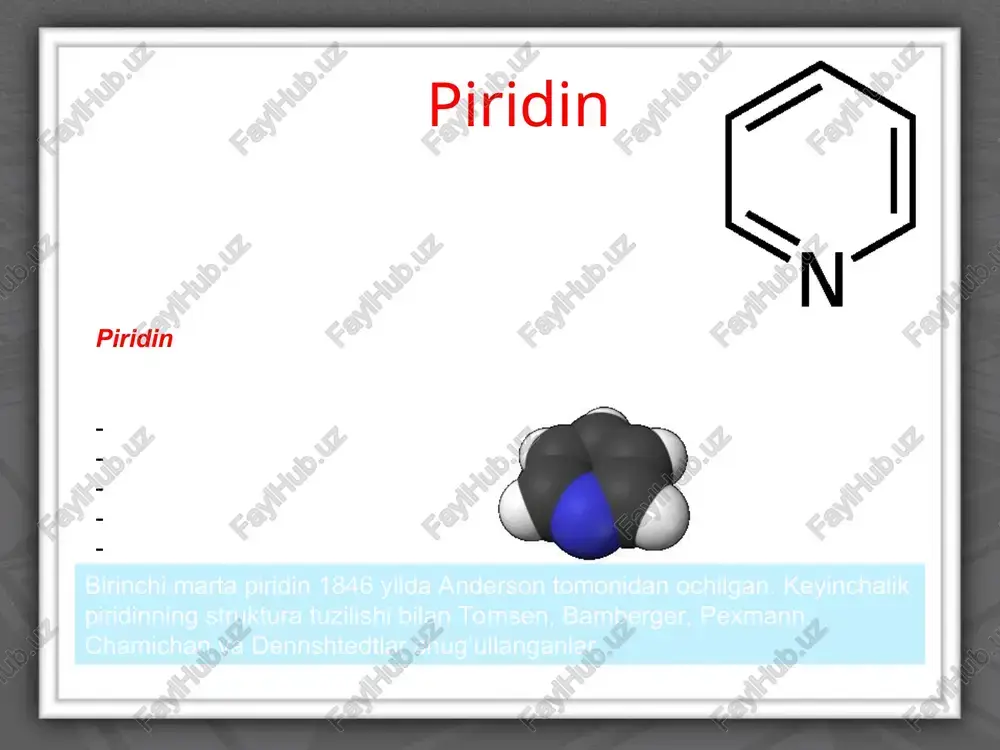 arglari chiqindisidan olinadi. u oq kristal bo’lib 234-237 0s eriydi, meditsinada markaziy nerv sistemasi ishlarini yaxshilashda keng ishlatiladi. e’tiboringiz uchun rahmat. nit +- +non on piridin xosilalari tirik organizmda sodir bo’ladigan biokimyoviy jarayonlarda muxim ro’l o’ynaydi. vitamin pp - nikotin kislotani amidi bo’lib, pellagra kasalligini davolashda ishlatiladi. o - soon - s nh 2 n n nikotin kislota vitamin - pp ß- piridin karbon kislota. hno 3 + h 2 so 4 300 – 350 0 c - no 2 ß - nitropiridin n br 2 - br 300 0 c ß - brompiridin n n - so 4 h h 2 so 4 ß-piridin 3-sulfokislota 230 0 c n 2h 2 ni zn + hcl 200 – 250 0 s n n n n h h h - ch 2 – ch 2 – ch 3 n h n nch 3 n anabazin n h o ch 3 n …