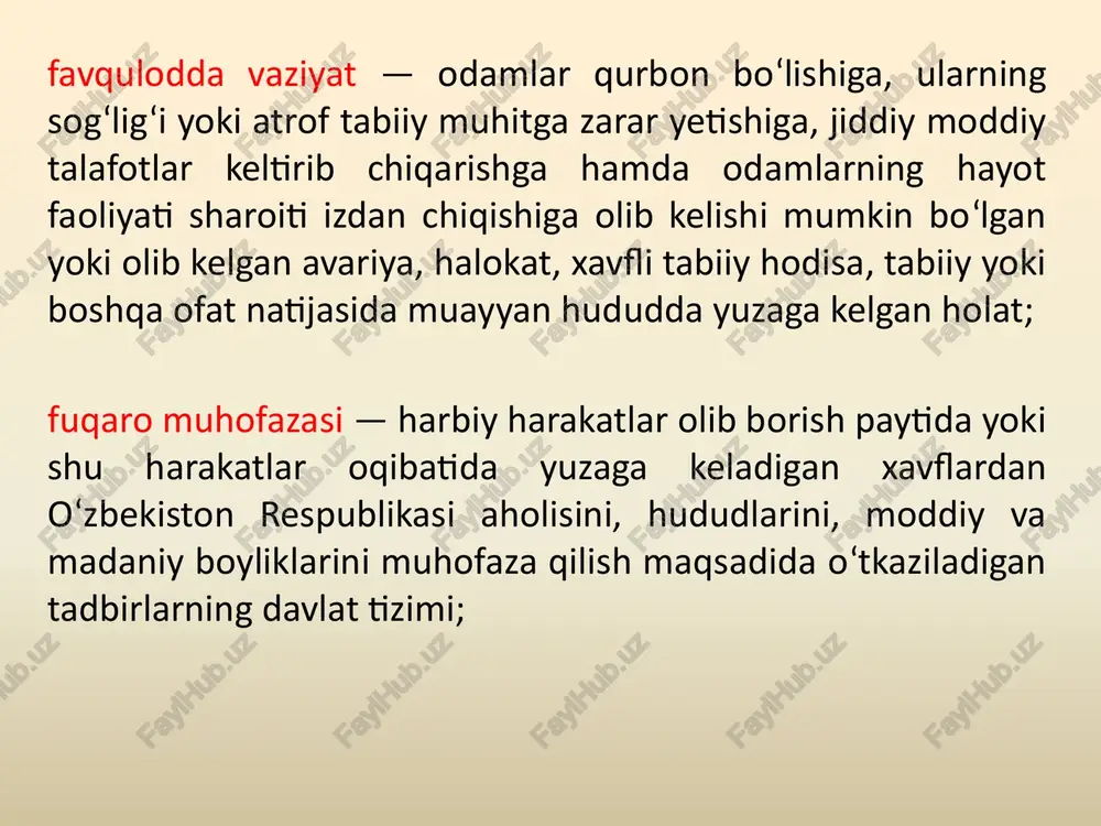a. ushbu halokatlar bir-biriga bog'liq bo'lgani uchun og'ir oqibatlarining kelib chiqishiga turtki beradi. tabiiy ofatlardan zarar ko'rgan insonlar soni o'tgan yuz yillik davomida o'rta miqdorda 10% ga oshdi. xx asrning oxirgi choragida tabiiy halokatlar oqibatida 3,5 mln. inson hayotdan ko'z yumdi. tabiiy hodisalardan dunyo iqtisodiga yiliga o'rtacha 100 mlrd. dollar miqdorida zarar etkazilmoqda. avariya, yong'in, baxtsizliklar soni kamaymayapti. tabiiy ofatlar soni va ular tufayli eng ko'p keltirilgan zararlarning salmoqli ulushi xx asrning ikkinchi yarmiga to'g'ri keldi. dunyo mamlakatlarining bir qancha yadro komplekslari, kimyoviy ishlab chiqarish sanoatidagi halokatlar dasturlarning oxiriga etkazilmay qolishiga sabab bo'lyapti. havoda, dengiz va okeanlarda, avto va temir yo'llarda juda yirik transport halokatlari yuz berdi, yuz bermoqda. ular o'zbekistonga ham o'z ta'sirini ko'rsatmoqda. qisqacha tarixi fm qanday vujudga keldi? davlat tomonidan 1932 yil mahalliy havo hujumiga qarshi himoya (mpvo) qilish vositasi vujudga keltirildi va aholini himoya kilish vazifasini hal kilish uchun bu organ 1961 yilda fmga aylantirildi. bizning …
