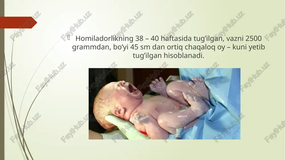 a iliq qaynatilgan suv artiladi. chaqaloqranning har cho’miltirganda quloqchalari alohida paxta pilik bilan artiladi. chaqaloqranning kindik tizimchasi perikis vodorod eritmasi bilan artiladi. markazdan boshlab atrofga qarab. chaqaloqranning kindik tizimchasi qurib tushgandan so’ng cho’miltiriladi va teri burmalari steril yog’ bilan artiladi. chaqaloqlarni tagini yuvish bola ichi kelgandan so’ng tagi faqat oqar suvda yuvulishi kerak, bola chap qo’lga yotqizilib, tagi o’ng qo’lda oqar suvda doka salfetka, bola yo’rgaklash sto’liga olinib, yumshoq taglikga asta artiladi. teri burmalari steril moyda artilib toza taglik kiydiriladi. tug’ilgandan so’ng bolaning birinchi axlati ya’ni ichi kelishi – mekoniy deyiladi. mekoniy – bu ona qornidagi bola yutgan qog’onoq suvlardan tashkil topgan qora moy simon ko’rinishga ega bo’ladi. image1.jpg /docprops/thumbnail.jpeg oy ~ kuni yetib tug'ilgan chaqaloglarga hamshiralik parvarishi