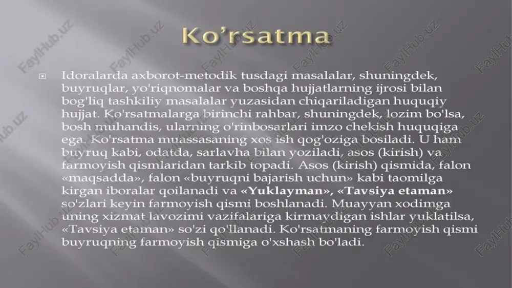 ropovga topshirilsin. korxona direktori imzosi rozilik belgisi bu mahsulotni yanada ko'prog ishlab chigarish uchun muayyan ishlarni amalga oshirish, xitoydan yangi jihozlar olib kelish zarut. shu munosabat bilan quyidagilani magsadida birlashmada doimiy faoliyat ko'rsatuvchi komissiyaga bbu boradagi aniq takliffarni stu yil 22-dekabrgacha ishlab chiqish topshirilsin; mas’ul — komissiya raisi k. zokirov, farmoyish namunalari yangiyo'l «lazzat» birlashmasi 2016-yil 25-noyabr 406-son yangiyo'l shahri «lazzat» birlashmasida novvot sexi ishini qayta tashkil etish haqida farmoyish 2015-yil yakuniga ko'ra nowvotga ehtiyoj nihoyatda o'sgan. tavsiya etaman: birlashmaga foyda bermaydigan yordamchi sexlami tugatish direktor (imzo) b. olimov e'tiboringiz uchun rahmat !!!