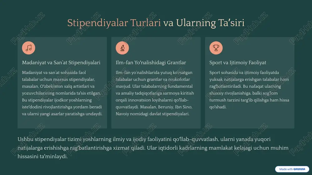 prognoz qilinmoqda. bu, mamlakatda yoshlarning ilmiy faoliyatga boʻlgan qiziqishi ortib borayotganidan dalolat beradi. 5 tanlovlar va ilmiy loyihalar: yoshlarni ragʻbatlantirish oʻzbekistonda talabalarning innovatsion gʻoyalarini qoʻllab-quvvatlash va ilmiy loyihalarini rivojlantirish maqsadida muntazam ravishda turli tanlovlar oʻtkaziladi. bu tanlovlar yoshlarning kreativ fikrlashini ragʻbatlantiradi va ularga oʻz loyihalarini amaliyotga tatbiq etish imkoniyatini beradi. har yili oʻtkaziladigan "yoshlar innovatsion loyihalari" va "talabalar startap loyihalari" kabi tanlovlar katta qiziqish uygʻotadi. 2024-yilda 300 dan ortiq loyiha taqdim etildi, ularning 50 tasi mukofotlandi. mukofotlangan loyihalar orasida ekologik toza texnologiyalar, it-mahsulotlar va ijtimoiy xizmatlar sohasidagi yangiliklar bor. tanlov gʻoliblari nafaqat moliyaviy mukofotlar, balki xalqaro konferensiyalarda ishtirok etish, investitsiyalar jalb qilish va oʻz loyihalarini tijoratlashtirish imkoniyatiga ham ega boʻlishadi. innovatsion ekosistemani shakllantirish bu kabi tanlovlar mamlakatda innovatsion ekosistemani shakllantirishga yordam beradi. yoshlar oʻz gʻoyalarini professional mentorlar yordamida rivojlantirishlari, shuningdek, sanoat vakillari bilan aloqalar oʻrnatishlari mumkin. bu esa, kelajakda yuqori texnologiyali ishlab chiqarish va xizmatlar sohasida kadrlar tayyorlashga asos boʻladi. …