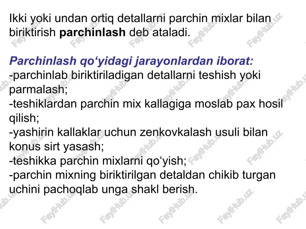omobilsozlik, asbobsozlik, elektronika, radiotexnika va b.da qoʻllanadi. e'tiboringiz uchun rahmat tal t tal 2. kavsharlar xili. kavsharlar suyuqlanish temperaturasiga ko’ra yumshog va qattiq xillarga ajratiladi: 1) yumshoq kavsharlar. bu kavsharlarning suyuqlanish temperatura-si 400°s dan past bo’ladi. odatda, bu kavsharlarning cho’zilishga puxtaligi 5-7 kg.k/mm? dan ortmaydi. bu kavshardan 200°s temperaturadan ortiq bo*lmagan sharoitda ishlaydigan metall buyumlarni kavshar-lashda foydalaniladi. 2) qattiq kavsharlar. bu kavsharlarning suyuqlanish temperatura-si_ 500°s dan yugori, cho’zilishga puxtaligi 50 kg.k/mm? gacha bo’ladi. bu kavsharlardan 200°s temperaturadan ortiq bo’lgan sharoitda ish-laydigan metall buyumlarni kavsharlashda foydalaniladi. 3. flyuslar xili va kavsharlashda foydalaniladigan asbob- uskunalar. yugorida qayd etilganidek, flyuslar kavsharlanuvchi metall bu-yumlarni kavsharlash yuzasidagi oksid pardalarni eritib tozalash bilan bu vuzalarni oksidlanishdan saqlavdi.