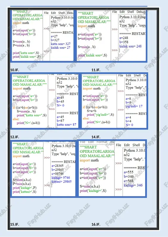 _/ ====== restart: c:\users\user\desktop\css visuallpython_darslari_terdu.py print("musbat sonlar ikckita’) print('manfiy sonlar bitta’) b=8 else: °=6 if (a>0)or(b>0)or(¢>0)): ‘musbat sonlar ikkkita print("musbat sonlar bitta’) manfiy sonlar bitta print("manfiy sonlar ikkita') > else: 10/12/2021 #@ python_darslari_terdu.py - c\users\user\desktop\css visual\python_darslari_terdu.py (3.10.0) file edit format ru 'shart operatorlariga| oid masalalar:""| import math 2=int(input('a=)) beint(input(’b=)) s=max(a . b) p=min(a . b) print("katta son=',s) print(‘kichik son—',p) idle shell 3.10.0 - oo x file edit shell debug options window help python 3.10.0 (tags/v3.10.0:b494£59, oct 4 2021. 19:00:18) [msc v.1929 64 bit (amd64)] on wi 32 type "help", "copyright", "credits" or "license()" for more information. a restart: c.\users\user\desktop\ess visuallpython_darslari_terdu.py a=27 b=327 katta son= 327 kichik son= 27 >>| v ln: 13 col: 22 11:06 ea] 0/12/2021 a. python_darslari_terd file edit format run| 'shart operatorlariga t('a=')) b=int(input(‘b=')) ssmin(a . b) print('kichik son~',$) @ idle shell 3.10.0 - oo x file edit shell debug options window help python 3.10.0 (tags/v3.10.0:b494£59, oct …