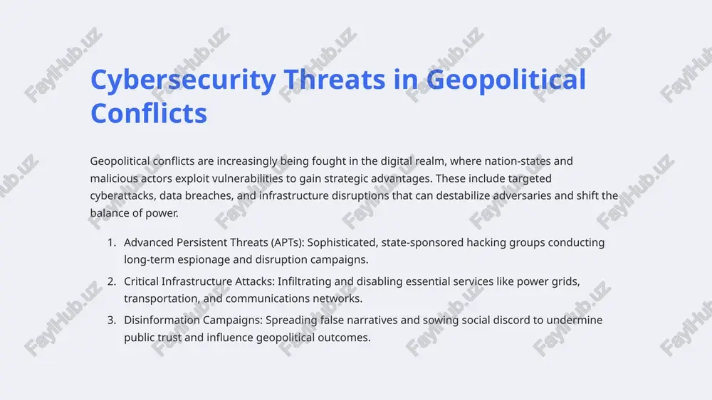 elp define acceptable behavior in the digital space and provide frameworks for conflict resolution. strengthening global institutions empowering international bodies to monitor, investigate, and respond to geopolitical cyber incidents is crucial for maintaining stability. 7 ethical considerations in geopolitical digitization as geopolitical power increasingly shifts toward the digital realm, profound ethical questions arise. how can we ensure the preservation of human rights, privacy, and democratic values in this new landscape? responsible governance and international collaboration are crucial to mitigate the risks of malicious digital interference. balancing national security needs with individual liberties is a delicate challenge. ethical use of emerging technologies, such as ai and surveillance tools, must be carefully regulated to prevent abuse and protect vulnerable populations. transparency and accountability are essential to upholding the principles of an open, just, and stable global order. 8 preparing for future geopolitical cyber threats threat monitoring maintain vigilant cyber threat intelligence to …