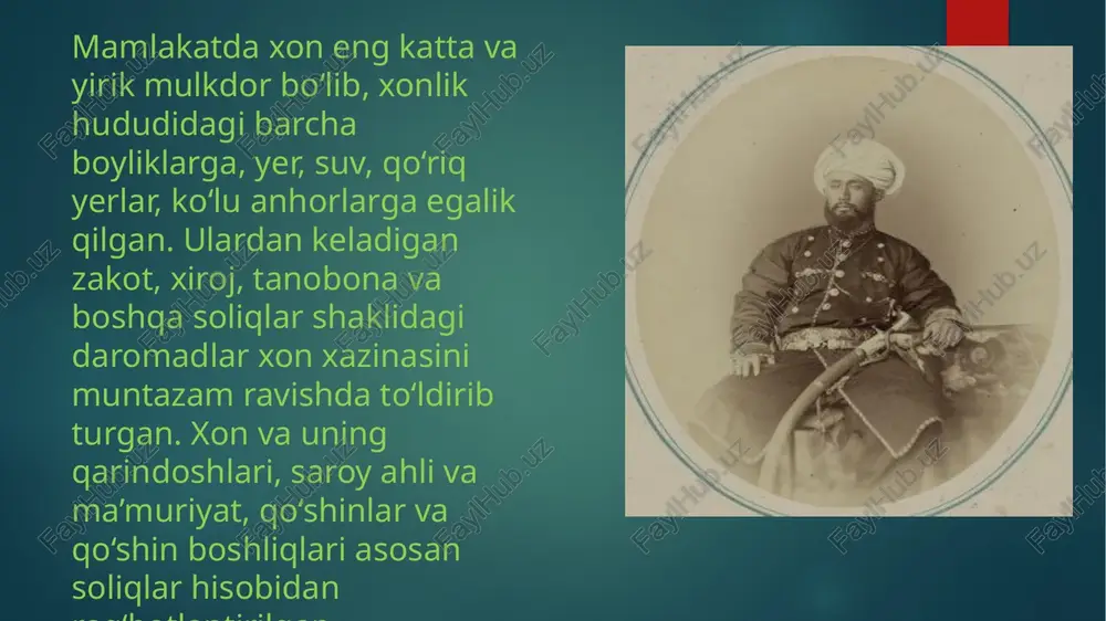 iladigan shaxs. chopquchi – pichoq yasovchi, xon saroyidagilar uchun qurollar (pichoq, xanjar qilich) yasab, qo‘rchi vazifasini ham bajargan. shotir – xon rikobi oldida yuradigan hizmatchi, odamlarni xon kelishidan xabardor etib, ularni ta’zimga chorlab turgan. udaychi - xon rikobi oldida yurib, uning sha’niga baland ovoz bilan maqtovli so‘zlar va hamdu sanolar aytib boruvchi hizmatchi. yuqoridagi amal va mansab egalari o‘z hizmatlari evaziga yillik maosh (pul, ot, qo‘y, g‘alla ko‘rinishida) olganlar. bundan tashqari, ularga tegishli yer-mulklar ham berilgan. foydalanilgan adabiyotlar: azamat ziyo o`zbek davlatchiligi tarixi: eng qadimgi davrdan rossiya bosqiniga qadar. t.2000 axmadjonov rossiya imperiyasi markaziy osiyoda. t., 2003 sagdullayev a.s. qadimgi o‘rta osiyo tarixi. t., 2004. shodmon vohid. qo’qon xonligidagi unvon va mansablar image6.jpeg image7.jpeg image8.jpeg image9.jpeg image10.jpeg image1.png image2.png image3.png image4.png