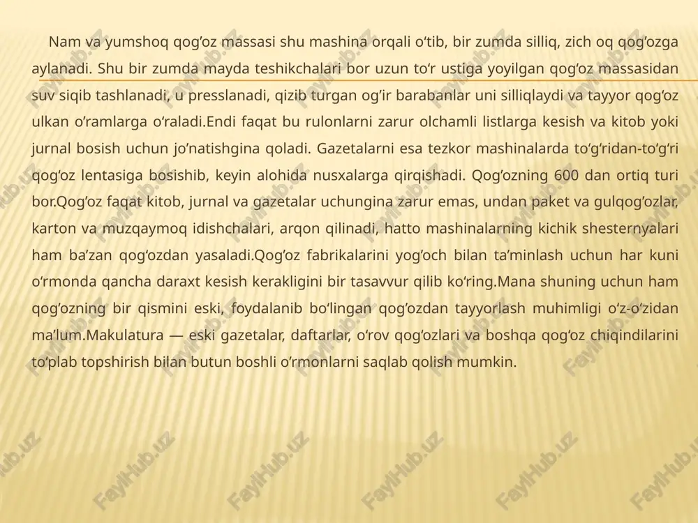 og‘ozga ishlov berishning eng oddiy usullari sifatida qog‘ozni o‘rtasidan buklab va to‘rtburchak qilib buklash (uzunasiga va ko‘ndalangiga). 3. ingichka qog‘oz parchalarini to‘g‘rilash, bukilgan joylarini ikki tomonidan buklash. 4.45-90 gradus burchak qilib buklash. 5. qog‘ozni buklab belgilangan chiziq bo‘yicha qaychi bilan qirqish, asbobni ushlash, xavfsizlik choralarini qo‘llash. 6. qog‘ozni andoza bo'yicha belgilash. qalam bilan chiziq bo‘yicha oddiy belgilash. 7. qaychi bilan kvadratlar, turli burchaklar, uchburchaklar, doiralar qirqish. 8. qaychi bilan murakkabroq shakllar. barglar, qo‘ziqorinlar, meva- larni qirqish. 9. qog‘ozdan qirqilgan applikatsiya detallariga yelim surtish usul­ lari. 10. applikatsiya detallarini yelimlab yopishtirish. tayyor mahsu- lotlarni quritish. 11. qog'ozning yelim surtiladigan qismlarini oldindan ko'chirib buyum detallarini bir-biriga yopishtirish. 12. turli o‘yinchoqlarni kvadrat asos va to‘g‘ri burchak asosida bukib yasash. 13. daftar, kitoblarni muqovalash. 14. qog‘ozni buklash va turli shakllar yasash. o‘quvchilar ishlov berilayotgan materiallaming xususiyatlarini hisobga olib, ish usullaridan ongli foydalanishlari, texnologiya darslari jarayonida fan asoslarini o‘rganish, vaqtida egallagan bilimlarini qo‘llashlari lozim. birinchi …