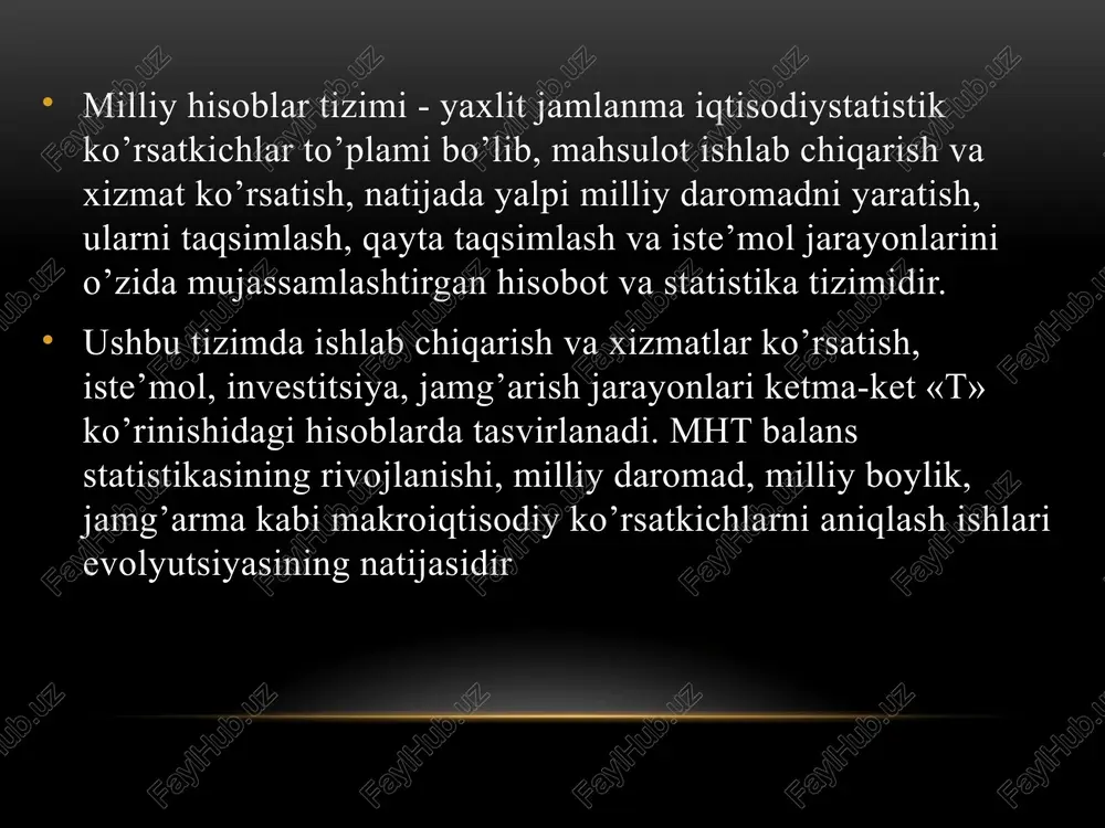 hisoblar tizimidagi hisoblar tarkibi 1. tovarlar va xizmatlar hisobi bu hisobda mamlakat iqtisodiyotida yil davomida ishlab chiqarilgan tovar va xizmatlar resurslari hajmi va ulardan foydalanish yo’nalishlarini xarakterlovchi operatsiyalar aks ettiriladi. 2. ishlab chiqarish hisobi bu hisob ishlab chiqarish bilan bevosita bog’liq bo’lgan jarayonlarni ifodalovchi ko’rsatkichlar (yalpi ishlab chiqarish, oraliq ist’emol, qo’shilgan qiymat)ning hosil bo’lishini ifodalaydi. 3. daromadlarni hosil bo’lishi hisobi bu hisob ishlab chiqarishda band bo’lgan institutsional birliklarning birlamchi daromadlarini hosil bo’lish jarayonini ifodalaydi. 4. daromadlarni birlamchi taqsimoti hisobi bu hisobda rezident institutsional birliklarning ishlab chiqarishdan va mulkdan olgan birlamchi daromadlarini sektorlar o’rtasidagi taqsimoti ifodalanadi. 5. daromadlarni ikkilamchi taqsimoti hisobi bu hisobda mamlakatga yil davomida tushgan tushumlar va joriy transfertlar natijasida mavjud bo’lgan daromadni hosil bo’lishi jarayoni aks ettiriladi. foydalanilgan ma’lumotlar arxiv.uz sayti staff.tiiami.uz sayti uzsmart.uz sayti lex.uz sayti myshared.ru sayti e’tiboringiz uchun raxmat image1.png image3.jpeg image4.jpeg mh tdagi institutsional birliklar tasnifi sektorlar alll ukrucognii paonmatu ba3hdacu pecypcapu 1.nomoliyaviy korxonalar …