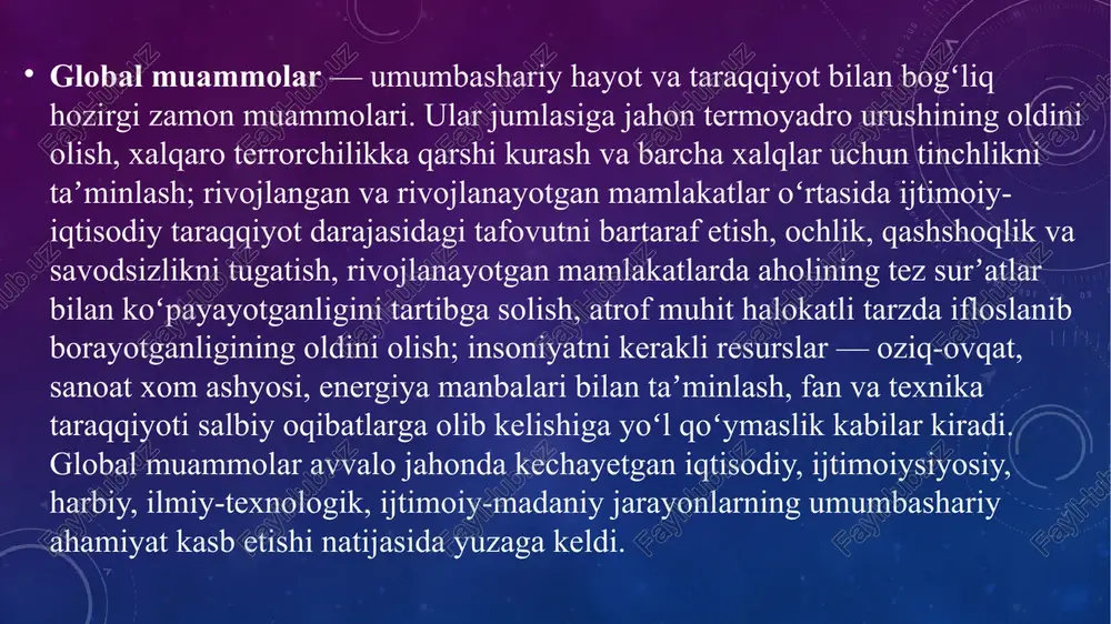 alarining bulgʻanishi, oʻrmon maydonlarining tobora qisqarishi, atmosfera ozon qatlamining yoʻqolib borishi kabilar kiradi. xatarli kimyoviy moddalarning haddan tashqari koʻp ishlatilishi natijasida qishloq xoʻjaligida ekin ekiladigan yerlarning katta qismi yaroqsiz holatga kelish xavfi kuchaydi. sobiq sssrda qishloq xoʻjaligi sohasida texnokratik siyosat yuritilishi oqibatida orol dengizi suvi kamayib, gʻoyat mushkul ekologik muammolarni keltirib chiqardi. global muammolarga qarshi kurashda jahon hamjamiyatini birlashtirish muhim ahamiyat kasb etadi . oʻzbekiston respublikasi prezidenti i. karimov oʻz asarlarida, turli xalqaro anjumanlarda soʻzlagan nutqlarida markaziy osiyoda global muammolarning kelib chiqish sabablari va ularni bartaraf etish yoʻllarini koʻrsatib berdi, bu muammolarni hal qilish xalqaro xavfsizlik va barqarorlikni taʼminlashning muhim sharti ekanligiga jahon jamoatchiligi eʼtiborini karatdi o‘zbekiston prezidenti mamlakatimizda sodir bo‘layotgan voqea va jarayonlarga baho berishda tanqidiy tahlildan faolroq foydalanishga bir necha bor chaqirgan. ishonchimiz komilki, bu boradagi yondashuv prinsipial jihatdan muhim va maqsadga muvofiqdir, chunki u nafaqat yutuq va muvaffaqiyatlarni, balki xato va kamchiliklarni ham tan olish, shu bois …