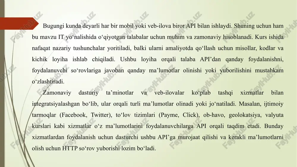 ab dasturiy ta’minotlar va mobil ilovalar biror tashqi xizmat bilan ma’lumot almashadi. misol uchun, ob-havo ilovalari meteorologik xizmatlardan ma’lumot oladi, to‘lov tizimlari bank api’lari bilan ishlaydi, va ijtimoiy tarmoq ilovalari foydalanuvchi ma’lumotlariga api orqali murojaat qiladi. ushbu jarayonlarning barchasida api texnologiyasi muhim o‘rin egallaydi. shu sababli, dasturchilar uchun api bilan ishlash ko‘nikmasi bugungi kun it sohasida eng talabgir va dolzarb ko‘nikmalardan biri hisoblanadi. python tili esa o‘zining soddaligi va keng kutubxonalar to‘plami bilan api bilan ishlashni yanada osonlashtiradi. ayniqsa, requests kutubxonasi orqali api bilan tez va qulay ishlash mumkinligi uni keng qo‘llaniladigan vositaga aylantirgan. kurs ishining vazifasi - mavzuning mazmunidan kelib chiqib shakllantirilgan bo‘lib, asosan api haqida nazariy bilimlarga ega bo‘lish, python dasturlash tili va uning requests kutubxonasi bilan ishlashni o‘rganishdan iborat. kurs ishi davomida avvalo api tushunchasi, uning zamonaviy dasturlashdagi o‘rni va imkoniyatlari o‘rganiladi. shundan so‘ng, python tilining ushbu sohadagi qulayliklari va requests kutubxonasining asosiy funksiyalari amaliy jihatdan tahlil …