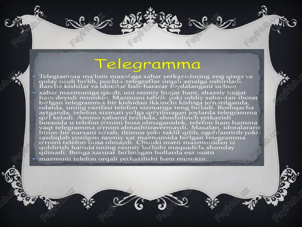 nating shartnoma hisobraqami 1356 «o‘zpaxtasanoat» uyushmasi salimov 162 1 it taveli 5 «o* at» i telegramma 100160 toshkent shota rustaveli 5 «o‘zpaxtasanoat» uyushmasi salimovga 162 besh vagon paxta tolasi oltinchi aprelda jo‘natildi yetib borganligi haqida xabar qiling karimov 21 703260 kattago‘rg‘on bog‘ko‘cha 25 paxta zavodi direktor 2014-yil 7-aprel sh. karimov muhr telegramma namunasi 3-ilova telegramma farg‘ona 12 kattabog* 18 salimovga yigirma oltinchi dekabrda 123 reys bilan uchaman kutib oling sayyora 100187 toshkent 187 sadaf ko‘chasi 4-uy /docprops/thumbnail.jpeg [ermiz davlat universiteti tarin fakulteti 4-bosqich guruh talabasi sanova ro'zigulning davlat tilida*ish yuritish fanidan tayvorlagan slaydi