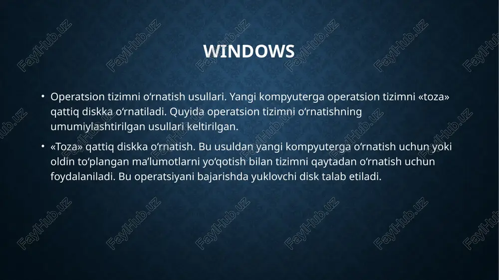 ication port) sichqoncha, tashqi modem, printer kabi qurilmalarni kompyuterga ulash, shuningdek, kompyuterlar orasida bog‘lanish uchun ishlatiladi. rs-232c turdagi ketma-ket portning ishlatilishining centronics portiga nisbatan asosiy afzalliklari shaxsiy kompyuterdan tashqi qurilmaga axborotlarni 15 metr masofagacha uzatish imkoniyati hisoblanadi. ma’lumotlar ketma-ketlikdagi baytli paketlar tarzida bit ketidan bit bilan uzatiladi. har bir bayt boshlang‘ich va to‘xtash bitlari bilan uzatiladi, ma’lumotlar dupleks ish tartibida uzatiladi, uzatish tezligi 115 kbit/s ni tashkil etadi. usb (universal serial bus) bu universal ketma-ket portdir. u 1995-yilda ishlab chiqarilgan bo‘lib, eskirgan rs-232 (com-port) va ieee 1284 (lpt-port) parallel interfeyslarni almashtirishga, ya’ni ketma-ket va parallel klaviatura va «sichqoncha» portlarini almashtirish uchun ishlab chiqilgan, barcha qurilmalar plug and play texnologiyasining osonligi bilan ko‘p sonli qurilmalarning o‘rnatilishiga ruxsat beradigan bitta razyomga ulanadi. umumiy foydalanuvchiga mo’ljallangan registrlar ichki registrlar (protsessorli xotira) mashinaning yaqin oradagi ish taktlarida bevosita qo‘llaniladigan axborotni qisqa muddatli saqlash, yozish va uzatish uchun mo‘ljallangan. u mashinaning yuqori tezkorligini ta’minlash uchun …