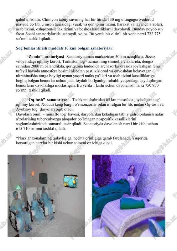 iy osiyoda yagona hisoblanib, unda mamlakatimiz aholisidan tashqari boshqa davlatlardan ham fuqarolar kelib davolanishadi. sanatoriyda davolanish narxi 798 100 so`mni tashkil qiladi. “xonqa” sanatoriyasi– zamonaviy arxitektura loyihasi asosida qurilgan yangi balneologik kurort. bu erda asab, yurak-qon tomir tizimi, ginekologik, tayanch-harakat apparatini davolash yuqori darajada yo`lga qoyilgan. davolash xonalari zamonaviy uskunalar bilan jihozlangan. yod, brom va boshqa mikroelementlar bilan boyitilgan mineral chashma bemorlar uchun tabiiy shifokor vazifasini o`taydi. bu yerda davolanish narxi 811 210 so`mni tashkil qiladi. “chinobod” sanatoriyasi- toshkent shahridagi balneologik balchiqli kurort. davolanish uchun korsatmalar: ovqat hazm qilish a’zolari kasalliklari remissiya bosqichida, ginekologik kasalliklar, qandli diabet. asosiy tibbiy davo omillaridan: toshkent artezian hovuzining termal (+51 c) madanli suvi, xlorid-gidrokarbonatli natriyli suvlari, baliqli ko`lining balchig`ini ko`rsatib o`tish mumkin. ushbu maskanda davolanish narxi 952 200 so`mni tashkil qiladi. “chortoq” sanatoriysi– balneologik va iqlimiy kurort, chortoq-soy dengizi bo`yida namangandan 25 km uzoqlikda, dengiz sathidan 650 m balandlikda joylashgan. davolash omillari sifatida – …
