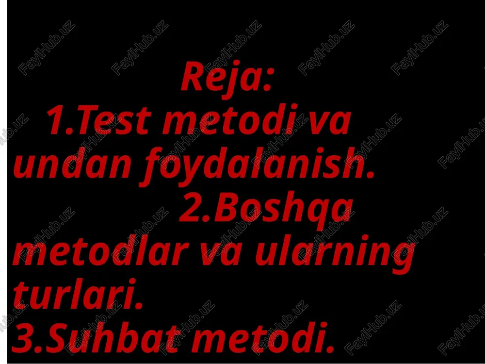 rtdan muayyan hukm va xulosa chiqariladi. ijodiy faoliyat mahsullariga kundalik, sxema, ixtiro, diagramma, kashfiyot, qurilma, asbob, texnik model, moslama, mil-liy kashtachilik, hunarmandchilik, zargarlik buyumlari, referat, kurs va malakaviy bitiruv ishlari, magistrlik dissertatsiyasi, ilmiy ma`ruza, konspekt, taqriz, tezis, maqola, ko`rsatmali qurollar, loyiha, konsepsiya, san`atkor, artist va baxshi ijodiyoti kabilar kiradi. bular turli yoshdagi, jinsdagi va kasbdagi odamlar tomonidan yara-tilgan bo`lishi va shunga ko`ra shakli, mazmuni, sifati, originalli-gi, hajmi, ko`rinishi, xususiyati bilan bir-biridan keskin tafovut qilishi mumkin. etiboringiz uchun rahmat. image1.jpeg image2.jpeg image3.jpeg image4.jpeg image5.jpeg image6.jpeg qaysi rangdagi so’zga ko’zingiz tushdi??? 6 3 (99) \ \ \ y ny cf) s y xy ez birini tanlang! matemati! a (0) aia metodlarining turlari. ee \ suhbat metodi a eksperimentaniglad ee er bo maydgan tadlgotcinita sir tapioca a) sat jarayolarhagida fm bolls mumkin, ma lumot berad