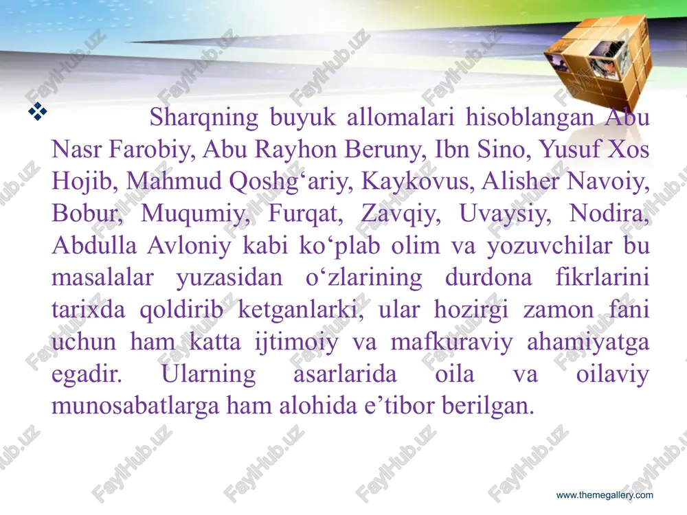 sadoqat va o‘zaro ishonch ekanligi ta‘kidlanib, er-xotinning bir-biriga xiyonati qattiq la‘natlangan, begona erkak bilan juftlashgan ayol badnom qilinib, jazolangan va nikohdagi eri uchun - harom” hisoblangan. www.themegallery.com jumladan, turmushga chiqish va uy bekasi bo‘lishning besh turi ko‘rsatilgan: podshoh xotin. buning ma’nosi shundaki, yigit va qiz ota-onalarining roziligi bilan turmush quradilar. bunda onalarning mavqei baland bo‘ladi. ayuqxotin, ya’ni “yakkabonu”. agar yigit biron oiladagi yagona farzand – qiziga uylansa, oldindan bu xonadonni yakkalab, merosxo‘rsiz qoldirmaslikga va’da beradi, yangi oilada tug‘ilgan birinchi o‘g‘il bobosi-yu buvisining nomiga o‘tkaziladi va bola ularning merosxo‘ri bo‘ladi. chokar xotin. avvalgi jufti halolidan ajralgan erkak yoki o‘ziga yangi turmush o‘rtog‘i tanlaydi. zardushtiylik e’tiqodicha, er yoki xotin vafotidan so‘ng oldingi jufti halolligiga nikoh sohibi hisoblanadi. binobarin, ikkinchi er yoki xotin oldingisining chokari hisoblanadi. shuningdek, er farzand ko‘rish ilinjida, birinchi xotin roziligi bilan ikkinchi marotaba uylansa, ikkinchi ayol birinchisiga nisbatan “chokarxotin” hisoblanadi. o‘zboshimcha xotin. zardushtiylik dini qoidasiga ko‘ra, o‘g‘il-qizlar 21-yash bo‘lgunga …