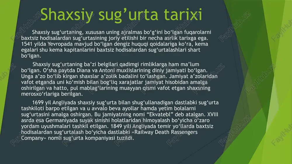 assislar o‘rtasida keng tarqalgan fikrlarga ko‘ra, shaxsiy sug‘urta 2 ta kichik tarmoqqa bo‘linadi: sog‘liqni sug‘urtalash, o‘z navbatida, 2 ta guruhga bo‘linadi: baxtsiz hodisalardan sug‘urtalash; tibbiy sug‘urta. shaxsiy sug‘urtani hayot sug‘urtasiga va sog‘liqni sug‘urtasiga bo‘linishiga asosiy sabab sug‘urta summalarini jamg‘arilib borilishidir.hayot sug‘urtasi uzoq muddatli bo‘lib, unda shartnoma bo‘yicha belgilangan sug‘urta summasi har yili jamg‘arilib boradi. fuqarolarni baxtsiz hodisalardan sug‘urtalashda sug‘urta summalari jamg‘arilmaydi, muddati 1 yildan oshmaydi. 2002 yilning 28 mayidan e’tiboran “sug‘urta faoliyati to‘g‘risida” qonunning qabul qilinishi bilan sug‘urta 2 ta tarmoqqa bo‘lindi: hayot sug‘urtasi umumiy sug‘urta qonunga asosan sug‘urtalovchilarning faoliyati sug‘urtaning qaysi tarmog‘iga ixtisoslashganligiga qarab alohida litsenziyalanadigan bo‘ldi. hayot sug‘urtasini amalga oshirish huquqini beruvchi litsenziyaga ega bo‘lgan sug‘urtalovchilar umumiy sug‘urta turlarini o‘tkazishga haqli emas yoki aksincha. ixtiyoriy shaxsiy sug‘urta turlariga quyidagilar kiradi: hayot sug‘urtasi; fuqarolarni baxtsiz hodisalardan sug‘urtalash; fuqarolarning sog‘lig‘ini va kasalliklardan sug‘urtalash; fuqaroni ma’lum yoshgacha yetishish sug‘urtasi; vafot etish holatidan uzoq muddatli sug‘urta; tibbiy sug‘urta; chet elga ketuvchilarni kasalliklardan …