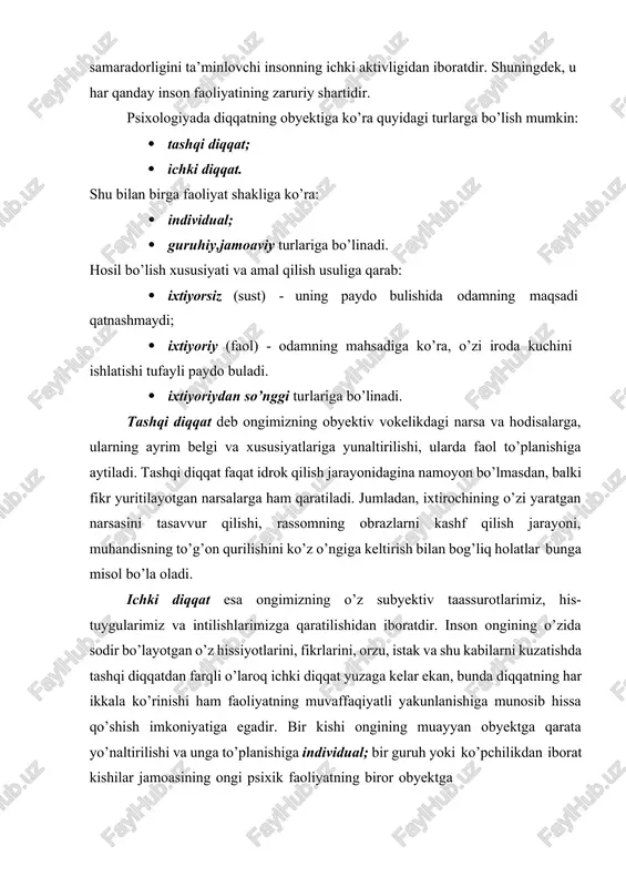 uyi formasi bo’lib, odatda qo’zg’atuvchilarning analizatorlardan birortasiga ta’sir etishi natijasida sodir bo’ladi. u mo’ljal olish refleksi qonuniyatiga ko’ra paydo bo’ladi va odamlar hamda hayvonlar uchun umumiydir. ixtiyorsiz diqqat ta’sir etuvchi qo’zg’atuvchi hamda bu qo’zg’atuvchilarning odamni ilgarigi tajribasi yoki psixik holatiga muvofiq kelishi tufayli paydo bo’lishi mumkin. ta’lim va tarbiya jarayonida shakllanuvchi, faqat odamga xos bo’lgan ixtiyoriy diqqat ancha murakkabdir. uning xarakterli xususiyati shundaki, u obyektga niyat va qo’yilgan maqsad ta’sirida yo’llanadi. kishida paydo bo’ladigan talab, ehtiyojlar, organizmdagi o’zgarishlar, masalan chanqash, og’piq, ko’ngil g’ashligi kabi holatlar ham diqqatimizni jalb etishi mumkin. ixtiyorsiz diqqatning nerv-fiziologik asosini orientirovka (mo’ljal) yoki tekshirish refleksi tashkil qiladi. chunonchi, tevarak- atrofimizdagi narsalarning salgina o’zgarishi bizda darhol mo’ljal refleksini yuzaga keltiradi. boshqacha qilib aytganda, «nima gap» degan ma’noda atrofimizga razm sola boshlaymiz. shuningdek, turli his-tuyg’ular, xususan qiziqish ixtiyorsiz diqqatga sabab bo’ladi. qiziqarli roman, kinofilm, qiziqarli suhbat diqqatimizni o’ziga beixtiyor tortadi. shuning uchun diqqatning bu xili emotsional diqqat ham …