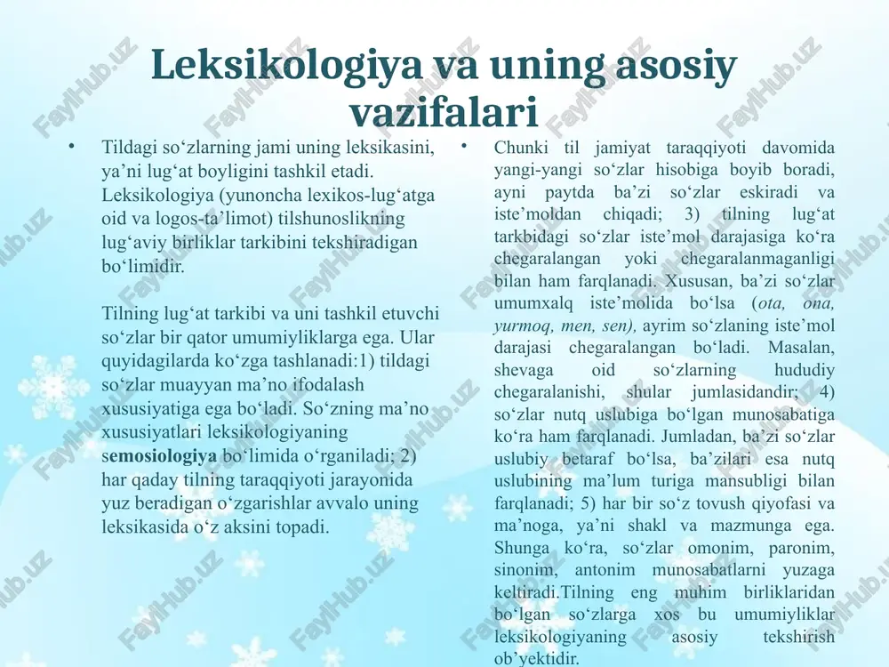 so’zi yuqoridagi ma’nodan tashqari predmetlik, bosh kelishik,birlik ma’nolariga ham ega. bu ma’nolar uning grammatik ma’nosi sanaladi. ko’rinadiki,nutq jarayonida har bir so’z leksik va grammatik ma’’nolar uyg’unligidan tashkil topadi . 3. so’z shakl va mazmun yaxlitligiga ega bo’lib,ma’no va grammatik jihatdan shakllangan til birligidir. 4.so’zning 2 tomoni bor: a)so’zning shakli ,ya’ni tashqi tomoni (moddiy tomoni) tovush (harflar)dan iborat bo’lib,bu xususiyatlar fonetikada o’rganiladi b)so’zning ichki tomoni (ma’no,mohiyat tomoni)esa unda ifodalanadigan ma’nolar bilan tavsiflanadi ya’ni so’z bo’lishi uchun tovush va harflar yig’indisi ma’lum ma’no ifodalashi kerak. 5.so’z ikki xil ma’no bildiradi . a)leksik ma’no ; b)grammatik ma’no 6.leksik ma’no (atash ma’nosi lug’aviy ma’no) leksikologiyada o’rganiladi. leksikologiyaga doir atama hisoblanadi a) so’zlarning borliqdagi qanday narsa –hodisalar belgi-xususiyatlar,harakat-holatlarni bildirishi ularning atash ma’nolari hisoblanadi. atash manosiga faqat 5ta so’z turkumi ega .olmoshlar bundan mustasno. ular belgi bildiruvchi so’zlarga ishora qiladi. 7.(grammatik ma’no) deganda esa so’zning qaysi turkumga mansubligi qaysi gap bo’lagi vazifasida kelishi ,shuningdek, tarkibidagi qo’shimchalar …