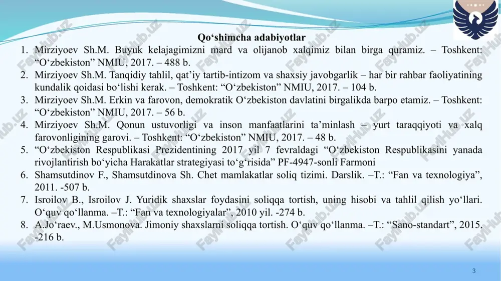 ing davlat mulkiga aylanishidir to‘langan soliqlar mamlakat miqyosida hammaga bir xil miqdorda qaytib keladi majburiylik byudjet daromadlari manbalarining shakllanishi soliq printsiplari majburiylik prinsipi soliq solishning aniqligi va soliq organlarining soliq to‘lovchilar bilan hamkorligi prinsipi soliq to‘lovchining haqligi prezumpsiyasi prinsipi soliq to‘g‘risidagi qonun hujjatlaridagi barcha bartaraf etib bo‘lmaydigan qarama-qarshiliklar va noaniqliklar soliq to‘lovchining foydasiga talqin etiladi. soliqlarni va yig‘imlarni belgilovchi soliq to‘g‘risidagi qonun hujjatlari, soliq to‘lovchilarni hamda ushbu soliqlarning va yig‘imlarning boshqa barcha elementlarini, shu jumladan ularni to‘lash muddatlari va tartibini aniqlab berishi kerak. adolatlilik prinsipi. oshkoralik prinsipi har bir shaxs soliq kodeksida belgilangan soliqlar va unda nazarda tutilgan yig‘imlarni to‘lashi shart. soliq tizimining yagonaligi prinsipi soliqlar va yig‘imlar kamsitish xususiyatiga ega bo‘lishi hamda ijtimoiy, irqiy, milliy, diniy va boshqa shu kabi mezonlardan kelib chiqqan holda qo‘llanilishi mumkin emas soliq tizimi o‘zbekiston respublikasining butun hududida yagonadir. soliq to‘g‘risidagi qonun hujjatlari rasman e’lon qilinishi shart xulosa 1. soliq deganda soliq kodeksida belgilangan, …
