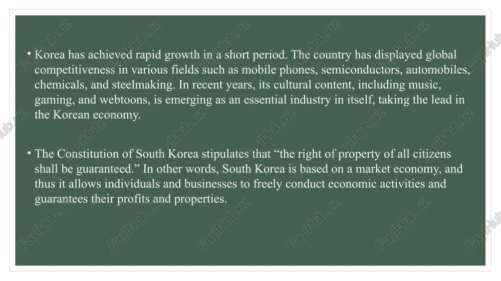 peed internet, and smart cities. ✅ strong diplomatic & military alliances – a key ally of the u.s. and a major player in east asian geopolitics. weaknesses: ❌ aging population & low birth rate – one of the lowest fertility rates in the world, leading to labor shortages and economic concerns. ❌ high dependence on exports – the economy relies heavily on exports (e.g., semiconductors), making it vulnerable to global trade disruptions. ❌ work culture & mental health issues – long working hours, high academic pressure, and mental health concerns are significant societal issues. ❌ real estate & cost of living – high housing prices in cities like seoul make homeownership difficult for young people. opportunities: 🔹 ai & emerging technologies – south korea is investing heavily in ai, robotics, and green technology, creating new growth sectors. 🔹 expanding cultural exports – the global demand for k-content, fashion, and entertainment …