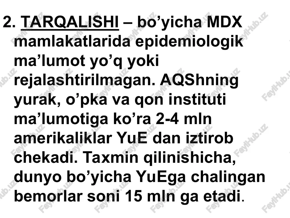 ishi bilan yakunlanishi mumkin. 1. etiologiyasi (1) o’tkir chap qorincha yetishmovchiligi – chap qorincha miokard infarktida, gipertoniya kasalligi krizida, o’tkir glomerulonefritda, yurak nuqsonida, pnevmoniyada, pnevmotoraksda kuzatiladi. (2) o’tkir o’ng qorincha yetishmovchiligi – o’ng qorincha miokard infarktida, nafas a’zolari kasalliklarida, yoyilgan pnevmosklerozda, o’pka emfizemasida, pnevmoniyaning og’ir turlarida, bronx astmasining og’ir xurujida kuzatiladi. (3) o’tkir total yurak yetishmovchiligi – jismoniy zo’riqishda (og’ir jismoniy ish bajarganda), infeksion-toksik miokarditda (bo’g’ma, terlama, angina), perikard jarohatlanishida rivojlanadi. 2. patogenezi o’tkir chap qorincha yetishmovchiligi patogenezida asosiy rolni gemodinamik omil o’ynaydi. o’tkir chap qorincha yetishmovchiligida kichik qon aylanish doirasida qon haydalishi qiyinlashadi, bu holat o’pka tomirlarining keskin to’lishini, bronxlar shilliq qavatida shish va spazm rivojlanishini, markaziy nerv sistemasining qon bilan ta’minlanishi va o’pkada gaz almashinuvining buzilishini vujudga keltiradi. 3. klinik ko’rinishi. (1) o’tkir chap qorincha yetishmovchiligi yurak astmasi xuruji bilan namoyon bo’ladi va o’pka shishi bilan yakunlanishi mumkin. (2) o’tkir o’ng qorincha yetishmovchiligi – katta qon aylanish doirasida …