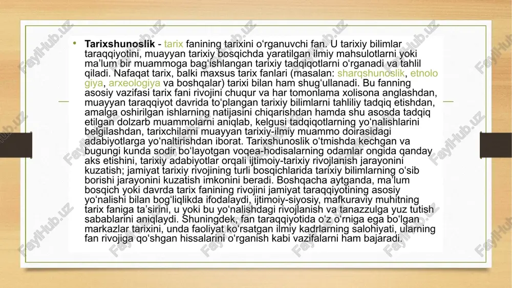 ʻlishi va rivojlanishi jarayonini aniqlashda qoʻllaniladi; aniq tahliliy usul — olib borilgan tarixshunoslik tadqiqoti voqea-hodisalar tafsilotini kelib chiqish sabablari, rivojlanish jarayonini nazariy va faktik materiallarning oʻzaro aloqasida tahlil qiladi, ularning fanda qanday yoritilganligini oʻrganadi; mantiqiy tahliliy usul — katta imkoniyatlarga ega boʻlib, tarixiy muammoning oʻziga xos xususiyatlari, tuzilishi, boshqa tarixiy hodisalar bilan bogʻliqligini oʻrganishda qoʻllaniladi. boshqacha aytganda, maʼlum bosqich yoki davrda tarix fanining rivojini jamiyat taraqqiyotining asosiy yoʻnalishi bilan bogʻliqlikda ifodalaydi; xronologik usul — voqea-hodisalar haqida turli bosqich yoki davrda toʻplangan tarixiy faktlarni oʻzaro bogʻliqlikda oʻrganishda qoʻllaniladi. bu esa turli zamonda ilmiy fikrlarning harakatini, muammoga yondashuvda konsepsiyalar, qarashlar, gʻoyalarning oʻzgarib borishini xronologik tartibda takroriy yoki xilma-xil jihatlarini ochib beradi; davriylashtirish usulida maʼlum bir tarixiydavriy chegarada tarix fanining sifat, uslub va xususiyatlarining oʻzgarishiga ijtimoiy-iqtisodiy munosabatlarning taʼsiri, har bir yangi bosqichda vujudga kelgan ilmiy gʻoyalarni harakatlantiruvchi omil va yoʻnalishlar aniqlanadi; retrospektiv tahlil — har bir ilmiy adabiyot oʻz davriga taalluqli boʻlib, uning …