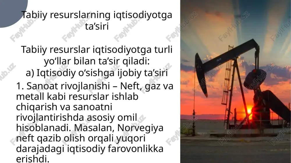ularni samarali boshqarmaslik iqtisodiy muammolarga olib kelishi mumkin. shu sababli, iqtisodiy diversifikatsiya, barqaror rivojlanish strategiyalari va resurslarni to‘g‘ri boshqarish muhim ahamiyatga ega. resurslardan to‘g‘ri foydalanish orqali mamlakatlar uzoq muddatli iqtisodiy barqarorlikka erishishlari mumkin. 12 image1.jpeg image2.jpeg image3.jpeg image4.jpeg image5.jpeg image6.jpeg /docprops/thumbnail.jpeg tabiiy resurslar va iqtisodiy o'sish ©) = 4