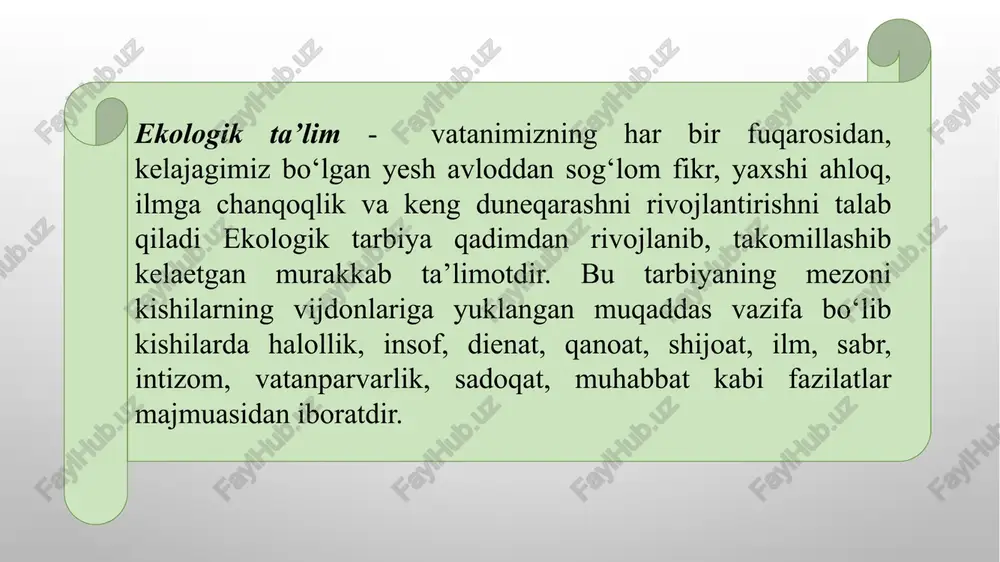 miy maqsadlariga yordam berishni talab qiladi yosh avlodni milliy va umumbashariy qadriyatlar ruhida tarbiyalash. qadriyat insonning kundalik hayotida namoyon bo‘ladigan odamlar tomonidan qadrlanayotgan, inson uchun foydali ahamiyati katta, moddiy-iqtisodiy, ma’naviy-ma’rifiy, madaniy-mafkuraviy, siyosiy, diniy, milliy, ijtimoiy omillar yig‘indisidir. milliy qadriyatlar esa har bir xalqning o‘z tarixiy taraqqiyoti davomida yaratgan va yaratadigan barcha moddiy-ma’naviy boyliklari, urf-odatlari, marosimlari, bayramlari va boshqa o‘ziga xos tomonlari yig‘indisidan iboratdir ekologik madaniyatni shakllantirishga yo‘naltirilgan ta’lim-tarbiyani yangi sifat darajasiga ko‘tarish, nazariy fundamental tadqiqotlarni amaliy talablaridan ildamroq, rivojlantirishni taqozo qilinadi. hozirgi kunga kelib, moddiy ishlab chiqarish texnologiyasi madaniyatning asosiy ko‘rsatkichlarini ekologik yo‘nalish ishlari tashkil qiladi image2.png image4.jpeg image5.jpeg image6.jpeg image7.jpeg image8.jpeg image9.jpeg image10.jpeg image1.png © — oq /docprops/thumbnail.jpeg axborot soat mavzu: ekologik -madaniyat— bugun va. kelaiak