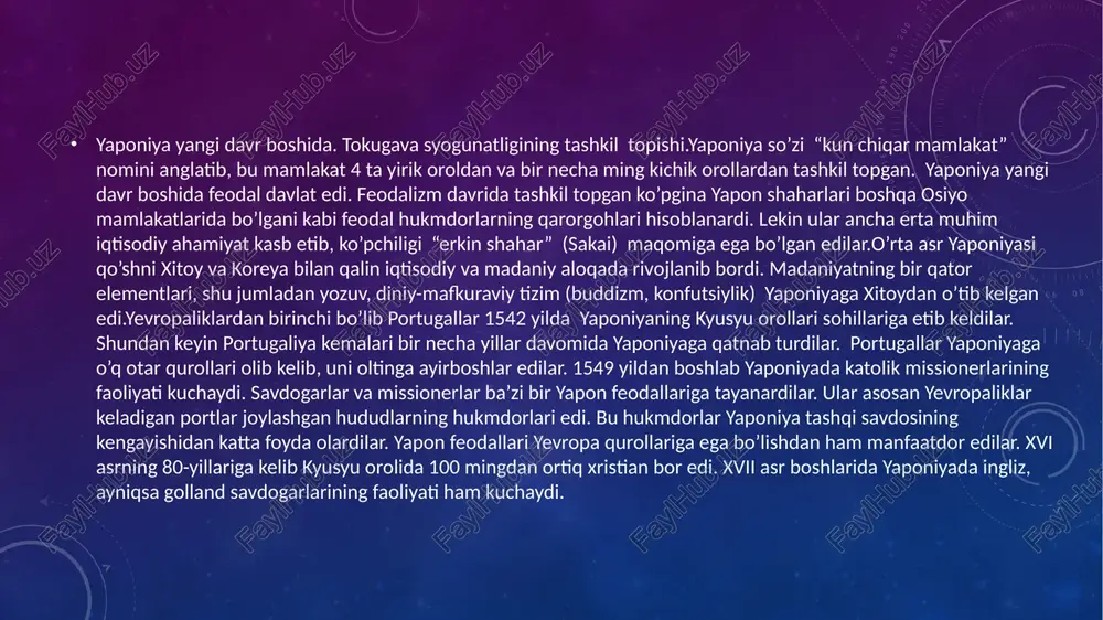 lari hisoblanardi. ular syogun mulklaridagi aholi ustidan nazoratni amalga oshirishar, soliq va majburiyatlarning bajarilishini ta’minlardilar. samuraylarning asosiy qismini syogun, daymelar va xatamotolarning drujinachilari tashkil qilardi. samuraylarning ko’pchiligi yer mulkka ega bo’lmay, o’z xo’jayinidan ish haqi olardilar. samuraylar tabaqaviy ruhda tarbiyalanardilar. ularning ahloqi samuray sha’nining alohida kodeksi bo’lgan busido asosida (aynan “samuraylar so’qmog’i”) tartibga solinardi, ularga harbiy ishdan boshqa biror bir ish bilan shug’ullanish taqiqlangan edi. bu kodeksni buzgan samuray qilich bilan o’zini o’ldirishi, ya’ni harakiri qilishi kerak edi. tokugavalar davriga kelib feodallarning o’zaro urushlari kamayib ketgach, samuraylarning ahvoli yomonlashdi. knyazlarga ko’p sonli samuraylar kerak bo’lmay qoldi. ko’plab samuraylar o’z xo’jayinlaridan ajralib, xonavayron bo’lib, roninlarga (“daydi odamlar”) aylandilar. ko’pincha ular tabiblar, o’qituvchilar, mayda xizmatchilar, hunarmandlar va savdogarlarga aylanardilar. tokugava syogunatligi davrida yaponiya aholisi 4 tabaqaga ajratilgan edi: 1) samuraylar, 2) dehqonlar, 3) hunarmandlar, 4) savdogarlar. samuraylarning imtiyozli tabaqa ekanligi har tomonlama takidlanardi. past tabaqa a’zolarining turmushi turli xil kamsituvchi tartiblar asosida …