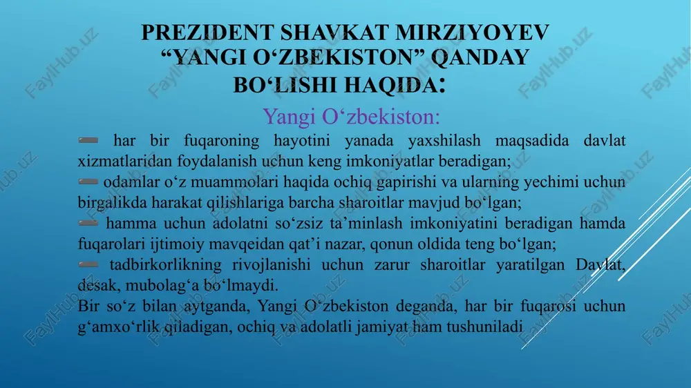 ; murojaatnomasida ko'tarildi kambagiallik so'zi o'rniga “ehtiyojr , “2021-2023 —yillarda_ o'zbekiston respublikasida kabi so‘zlar ishlatildi kambag‘allikni gisqartirish konsepsiyasi” ishlab chiqildi holati yildan-yilga ortib bordi. . 7 os aces 7 bugungi kunga kelib 1,6 million kishi kambag‘allikdan chigarildi o'zbekiston - agrar-industrial davlat davlat — korxonalarining sanoat sohasini rivojlantirish asosiy vazifaga aylandi hamda jarayonlari amalga hl oshmadi sw yalm hajmi ilk bor 80 milliard dollardan oshdi sanoatni rivojlantirishning yaratilmadi (gg 2022-yilda sanoat ishlab chigarish hajmi 551,1 trillion so'mga yetdi (oldin 63 milliard so‘mdan iborat edi) yalmda sanoat ishlab chigarish sohasining ulushi foizni tashkil etdi yalmda sanoat ishlab chigarish sohasining ulushi 26,7 foizni tashkil etdi (2022) kecha: 3 (mantiqsiz pasport tizimi) biz - o'zbekistonlikmiz! bugun yo'llarimizda hech ganday punktlar, postlar, sun’iy to'siqlar yo'q xorijdan kelgan mehmonlarning — bunday ® tekshiruv punktlari bekor qilindi; 2) 60 dan ortiq punktlarining mavjudligi punktlardan o'tishidagi fuqarolar va kuch ishlatar organlari o'rtasida o'zbekistonga bo‘igan ining o'zaro ishonch va …
