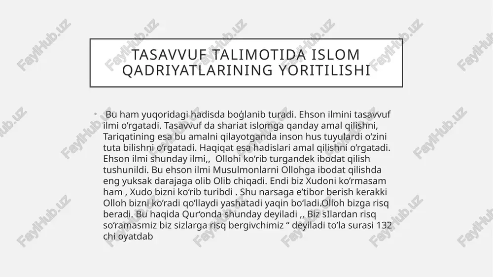ri surib, islom axloqini targ‘ib etgan. 3. naqshbandiy tariqati — “dil ba yor, dast ba kor” bahouddin naqshband (xiv asr) tomonidan asos solingan naqshbandiy tariqati “dil ba yor, dast ba kor” (“ko‘ngil xudoda, qo‘l mehnatda”) shiori bilan mashhur. bu tariqatda qalbni allohga bog‘lab, amaliy hayotda halollik, mehnatsevarlik va odob-axloqni saqlashga urg‘u beriladi. naqshbandiylar yashirin zikr (zikri xufiy) orqali allohni doimiy eslab yurishni targ‘ib etadilar. vikipediya +1 scribd vikipediya misol: naqshbandiy tariqatida “tashqaridan xalq bilan, ichkaridan haq bilan bo‘lish” tamoyili orqali insonning jamiyatdagi faoliyati va alloh bilan bog‘liqligi uyg‘unlashtiriladi. vikipediya +s /docprops/thumbnail.jpeg