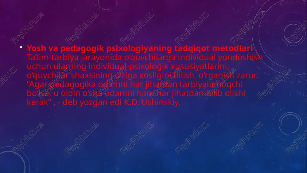 va o‘z navbatida bu bosqich birin- ketin qo‘llaniladigan qator bo‘g‘inlarga – eksperiment seriyalariga bo‘linadi. tadqiqotning uchinchi bosqichi – tadqiqot ma’lumotlarini sifat jihatidan qayta ishlashdir. u psixologiyaning matematik apparatini – dastlab ilgari surilgan farazning tasdig‘i tarzida olingan xulosalarning haqqoniyligi haqida hukm chiqarish imkonini beradigan turli xildagi statistik usullar va ehtimollik nazariyasining asosiy qoidalarini qo‘llanishni taqozo etadi. tadqiqotning to‘rtinchi – bosqichi olingan ma’lumotlarni izohlab berish, ularni psixologik nazariya asosida talqin qilish, farazning to‘g‘ri yoki noto‘g‘riligini uzil- kesil aniqlashdan iboratdir. eʼtiboringiz uchun rahmat image2.png image3.png /docprops/thumbnail.jpeg “termiz davlat universitet! tarix fakultet| {3 kurs talabasi ahmedov sardorbekning lumumiy pedagogika va psikologia fanidan tayyorlagan taqdimotishi